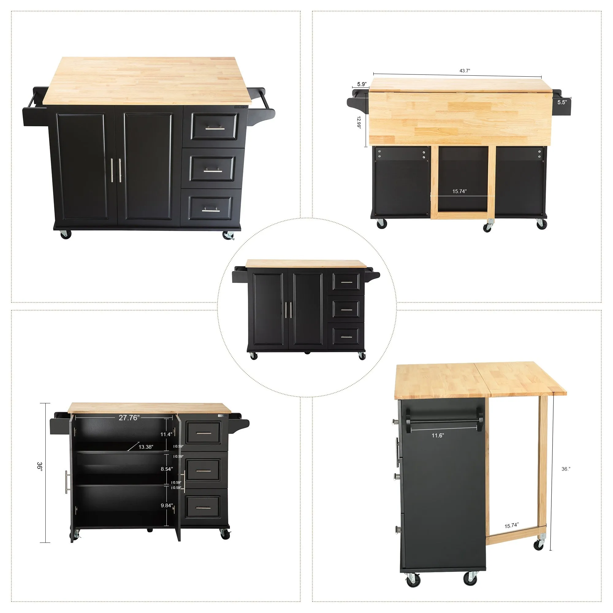 3 Drawers Rubber Wooden Top Utility Kitchen Cart with Adjustable Shelf- Black