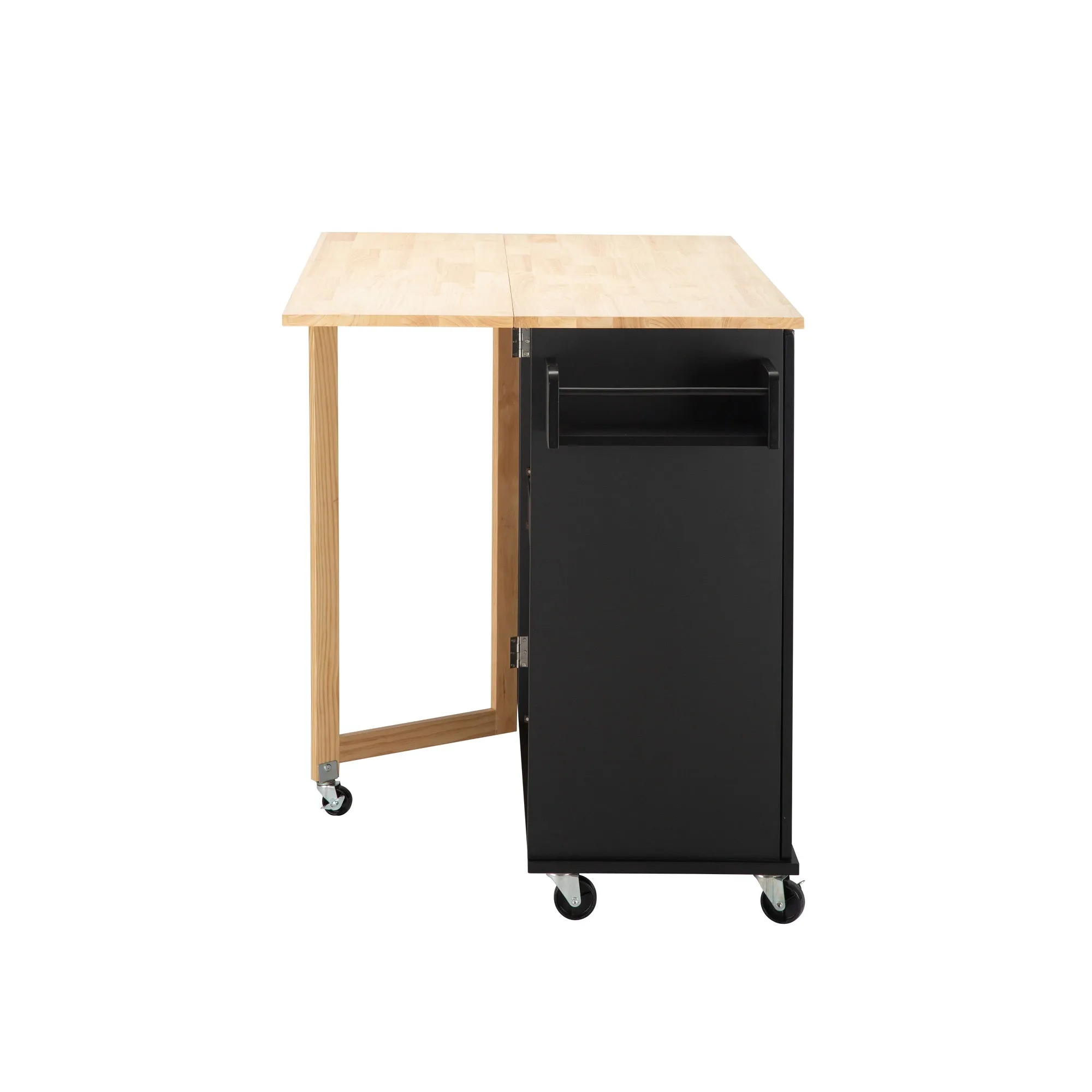 3 Drawers Rubber Wooden Top Utility Kitchen Cart with Adjustable Shelf- Black