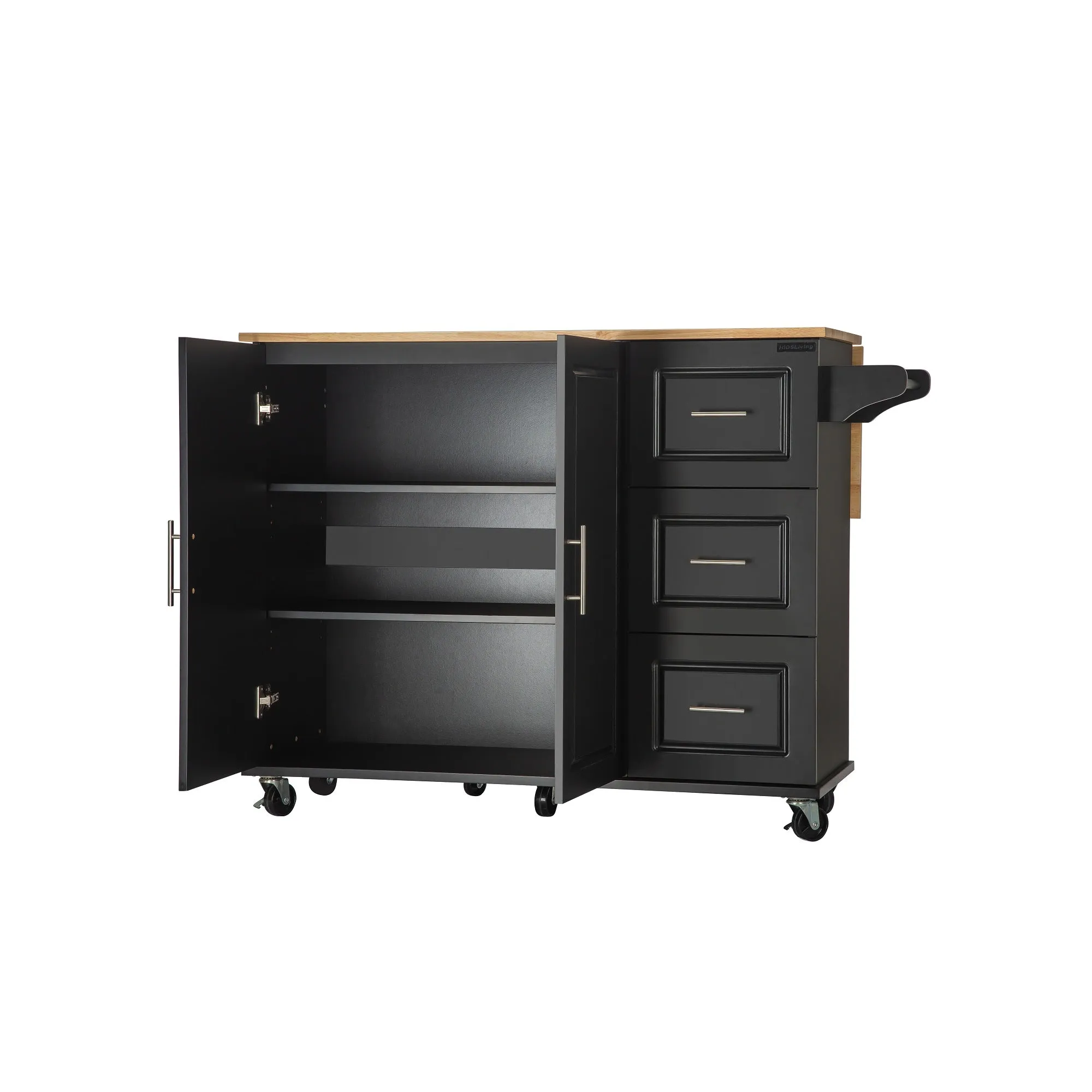 3 Drawers Rubber Wooden Top Utility Kitchen Cart with Adjustable Shelf- Black