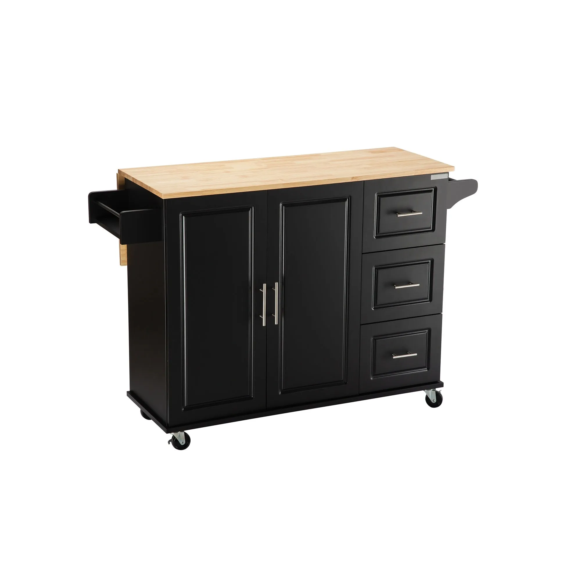 3 Drawers Rubber Wooden Top Utility Kitchen Cart with Adjustable Shelf- Black