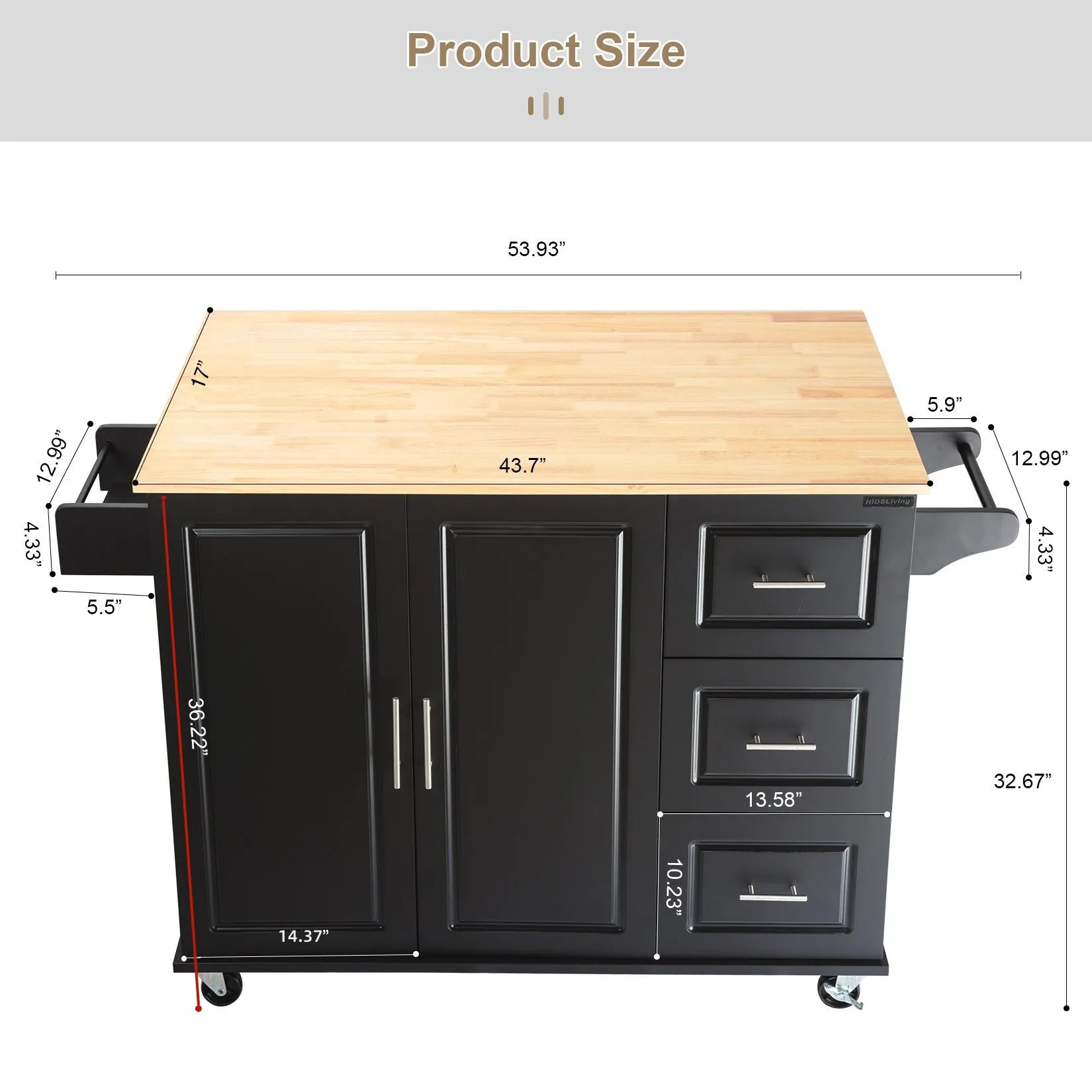 3 Drawers Rubber Wooden Top Utility Kitchen Cart with Adjustable Shelf- Black