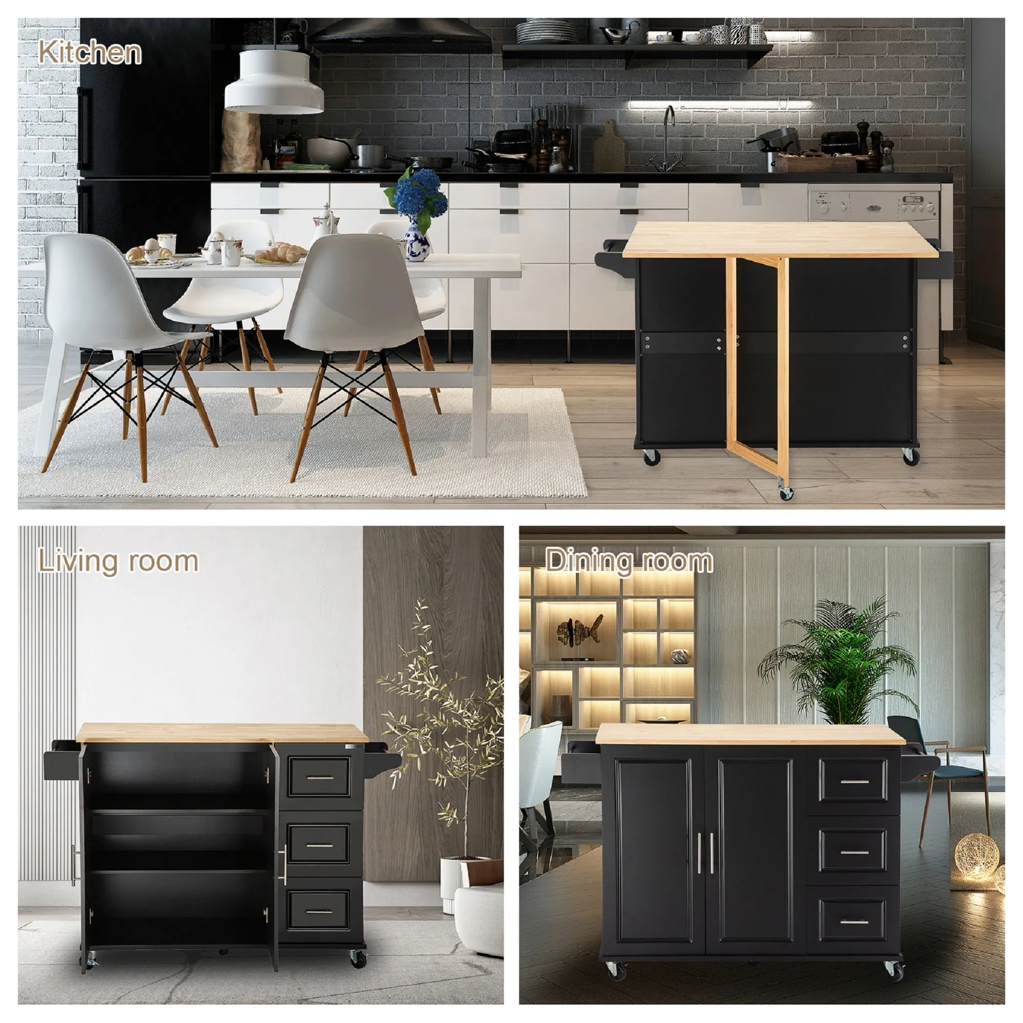 3 Drawers Rubber Wooden Top Utility Kitchen Cart with Adjustable Shelf- Black