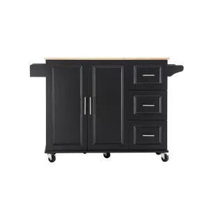 3 Drawers Rubber Wooden Top Utility Kitchen Cart with Adjustable Shelf- Black