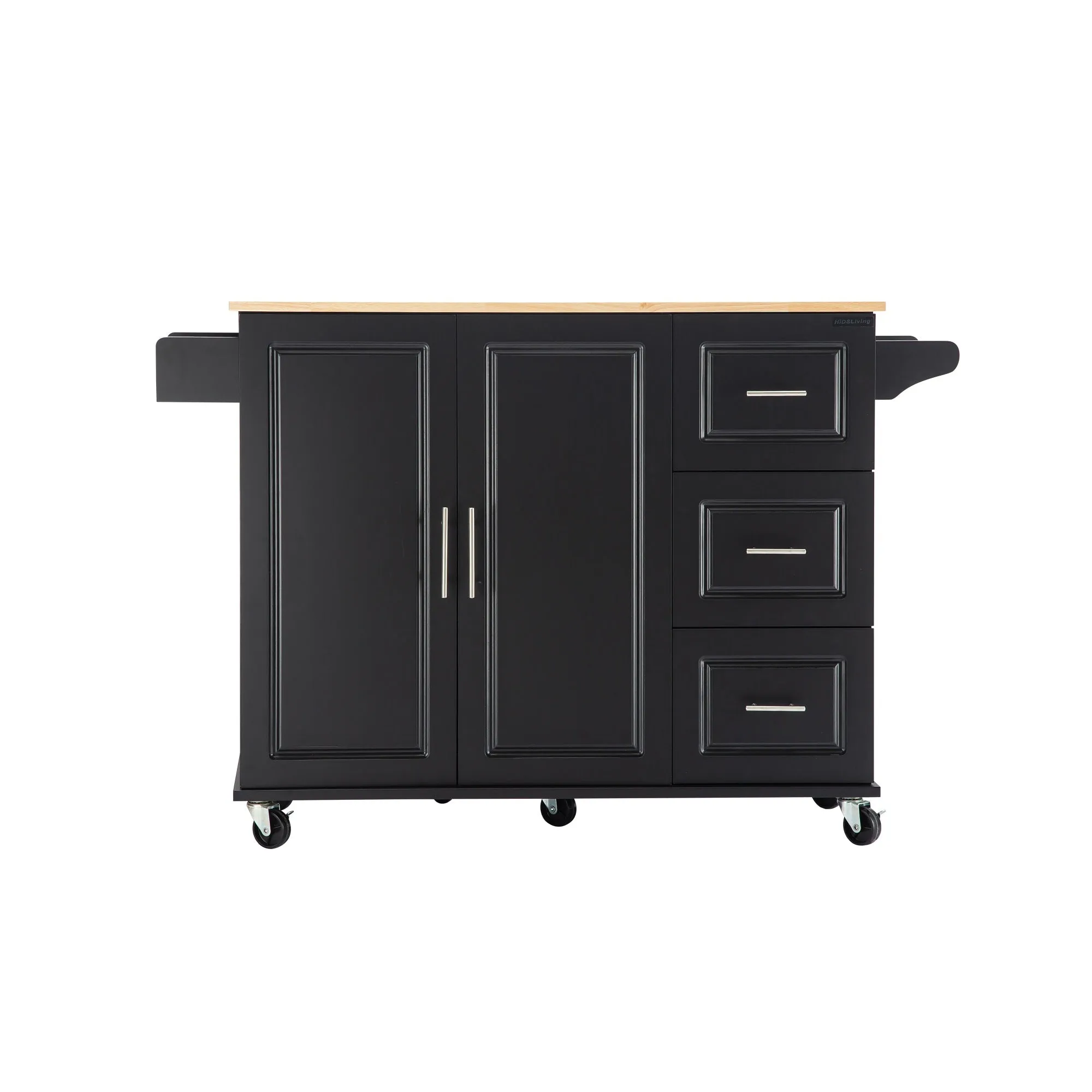 3 Drawers Rubber Wooden Top Utility Kitchen Cart with Adjustable Shelf- Black