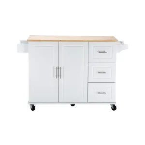 3 Drawers Rubber Wooden Top Utility Kitchen Cart with Adjustable Shelf- White