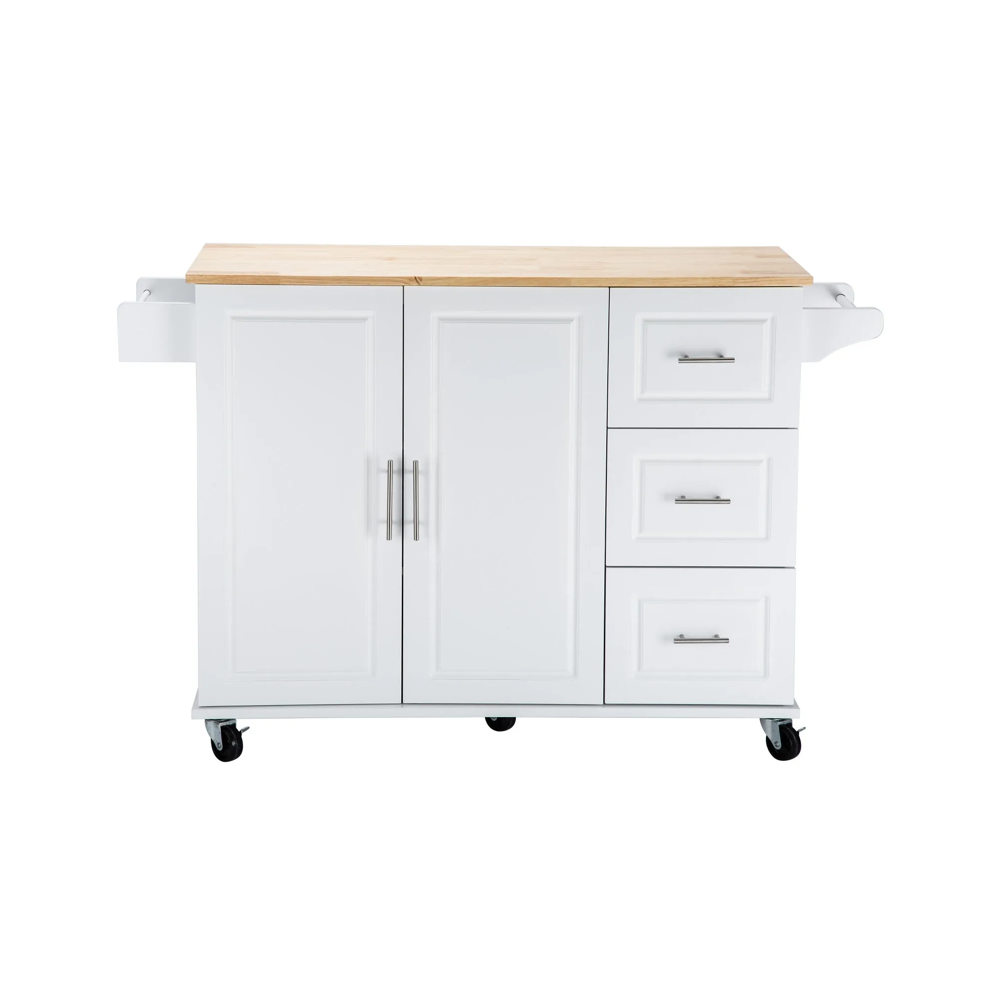 3 Drawers Rubber Wooden Top Utility Kitchen Cart with Adjustable Shelf- White