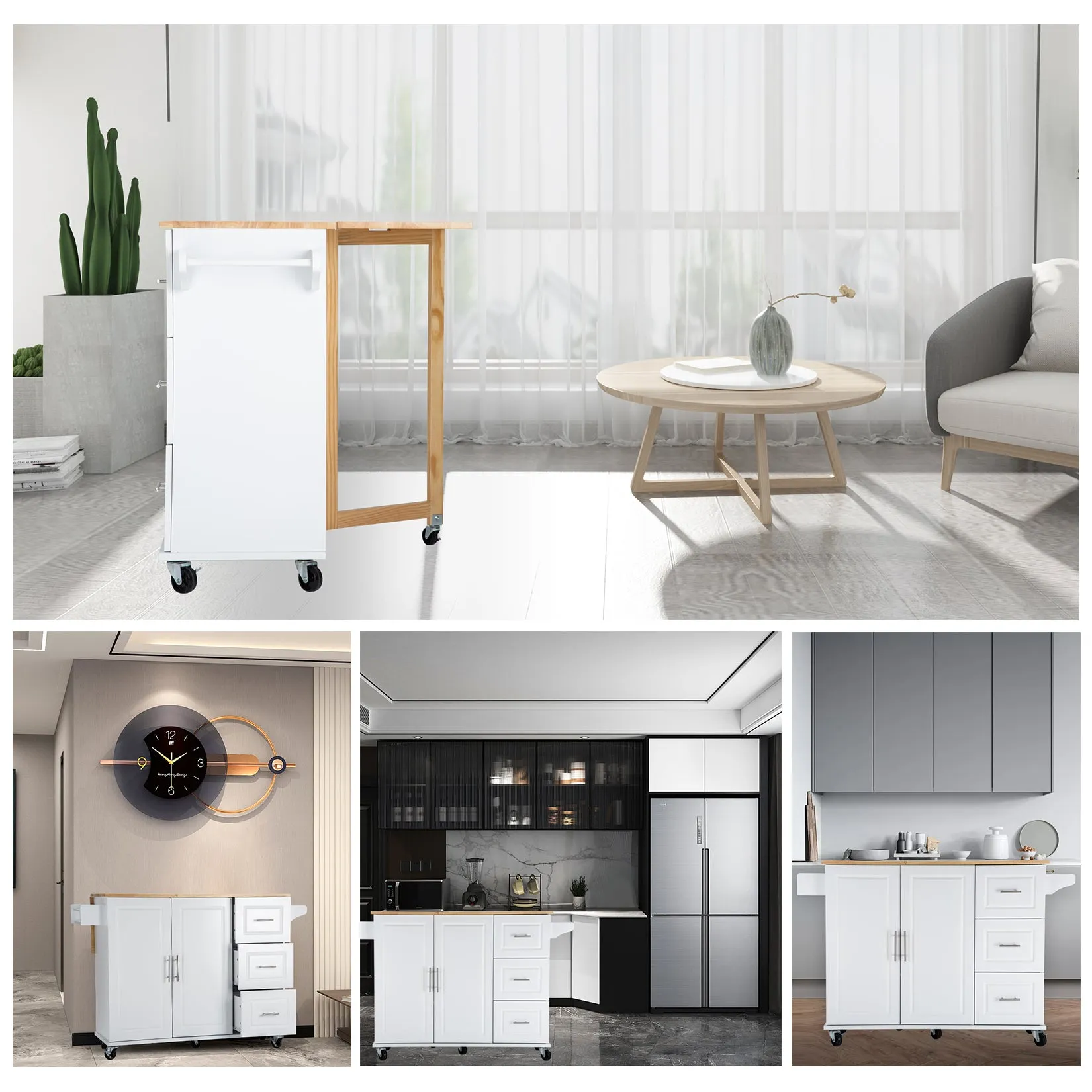 3 Drawers Rubber Wooden Top Utility Kitchen Cart with Adjustable Shelf- White