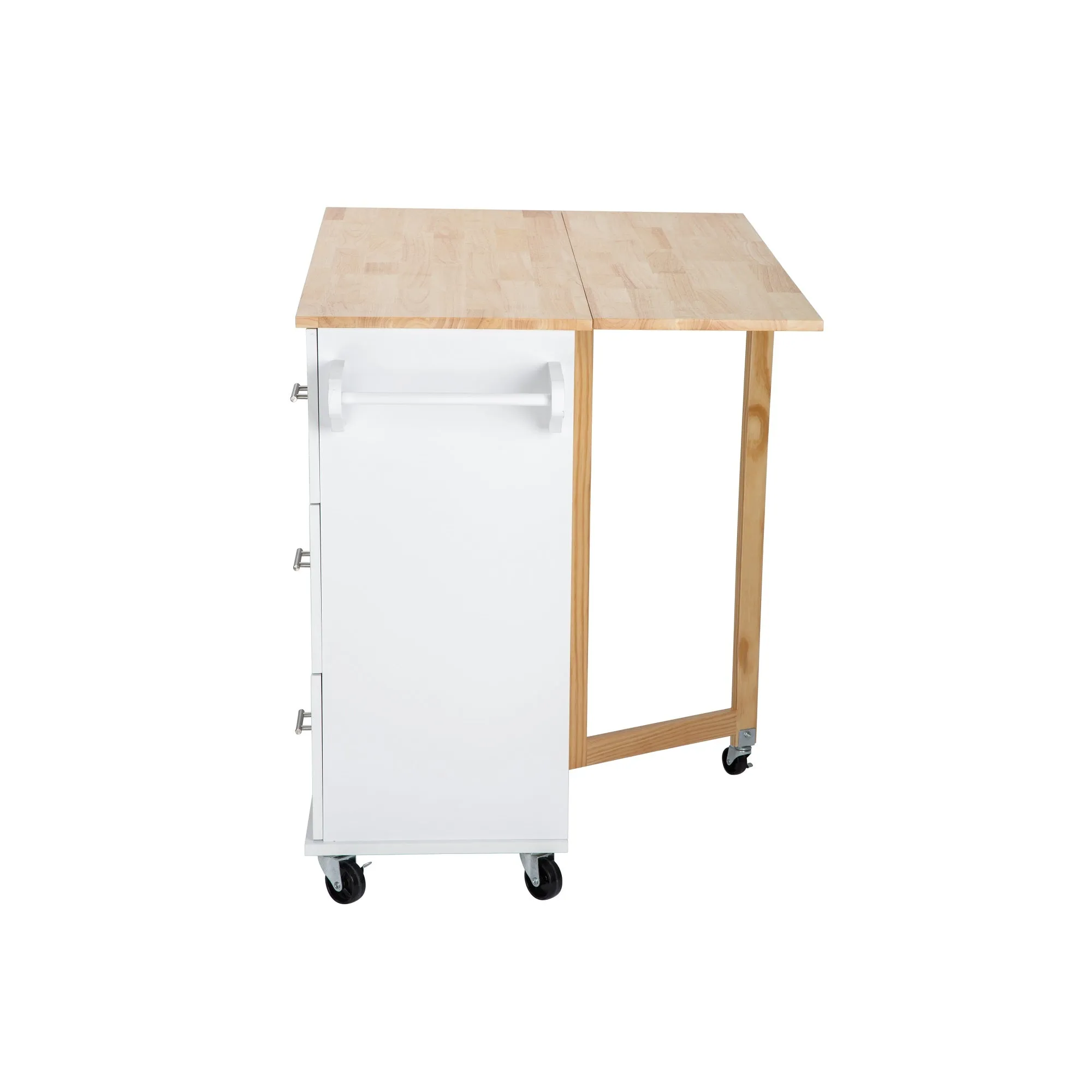 3 Drawers Rubber Wooden Top Utility Kitchen Cart with Adjustable Shelf- White