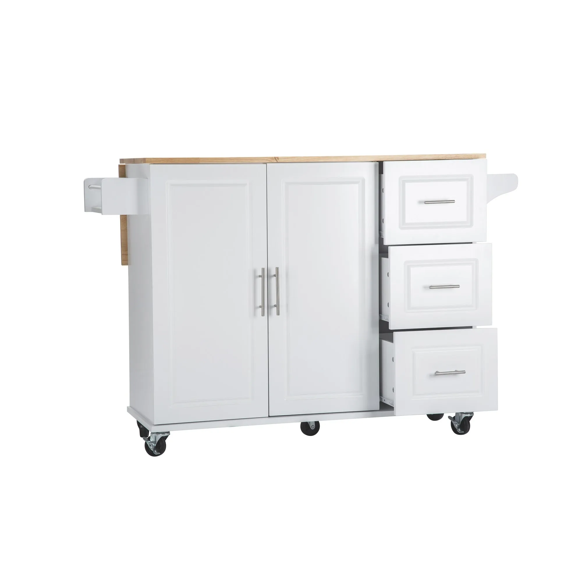 3 Drawers Rubber Wooden Top Utility Kitchen Cart with Adjustable Shelf- White