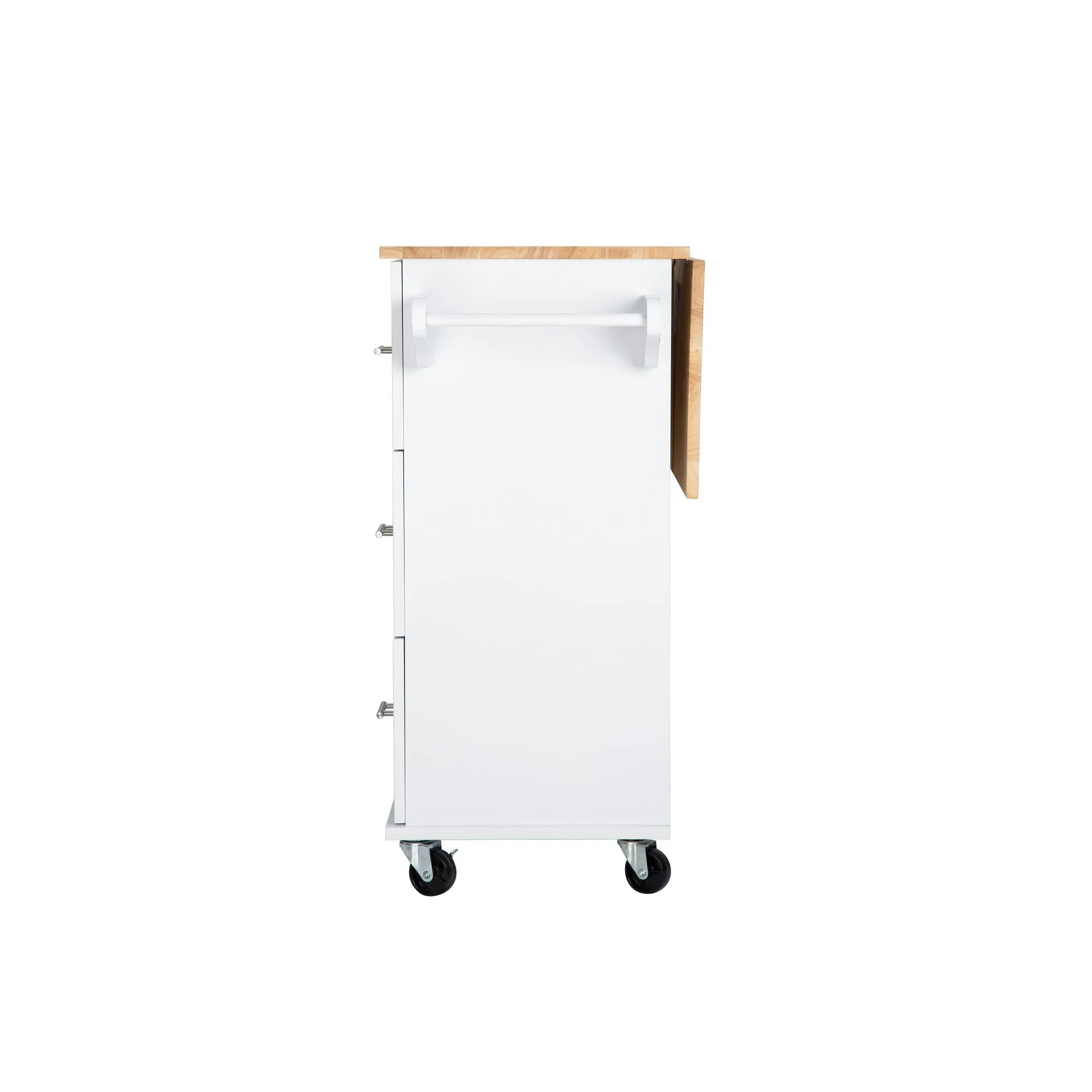3 Drawers Rubber Wooden Top Utility Kitchen Cart with Adjustable Shelf- White