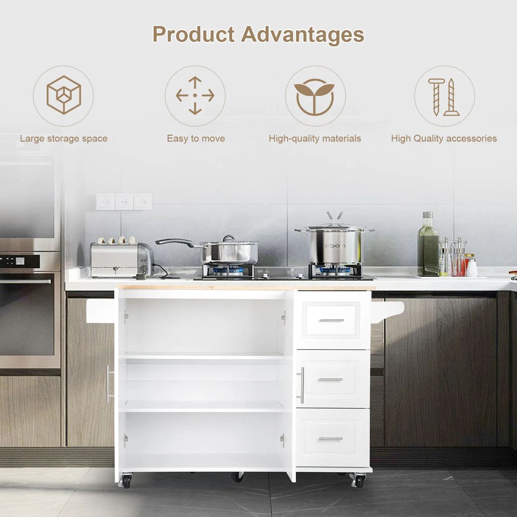 3 Drawers Rubber Wooden Top Utility Kitchen Cart with Adjustable Shelf- White