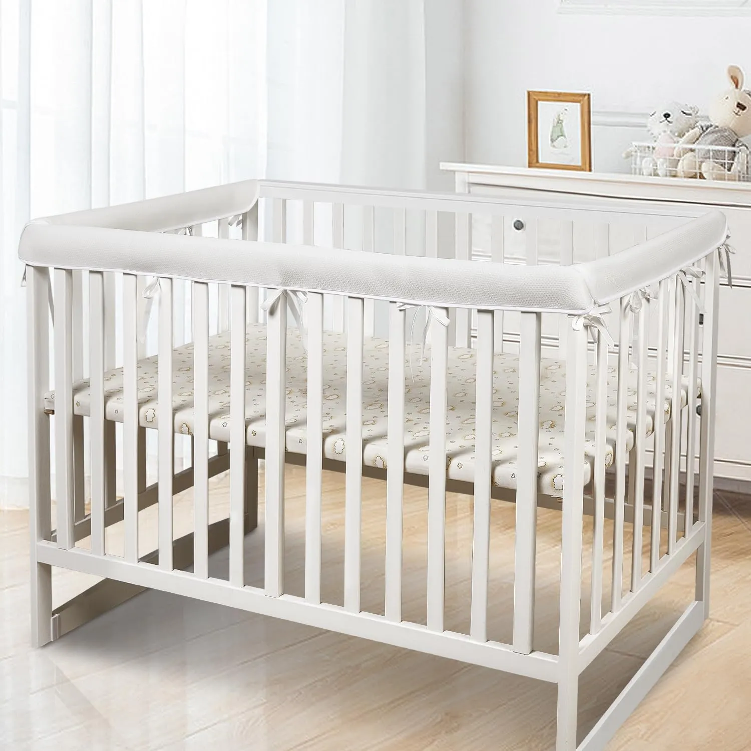 3 in 1 Crib Rail Covers for Teething,Soft Breathable Mesh Liner Anti-Collision Strip Corner Cover, Crib Teething Cover, Rail Edge Protector Strip（2025 New） (White)