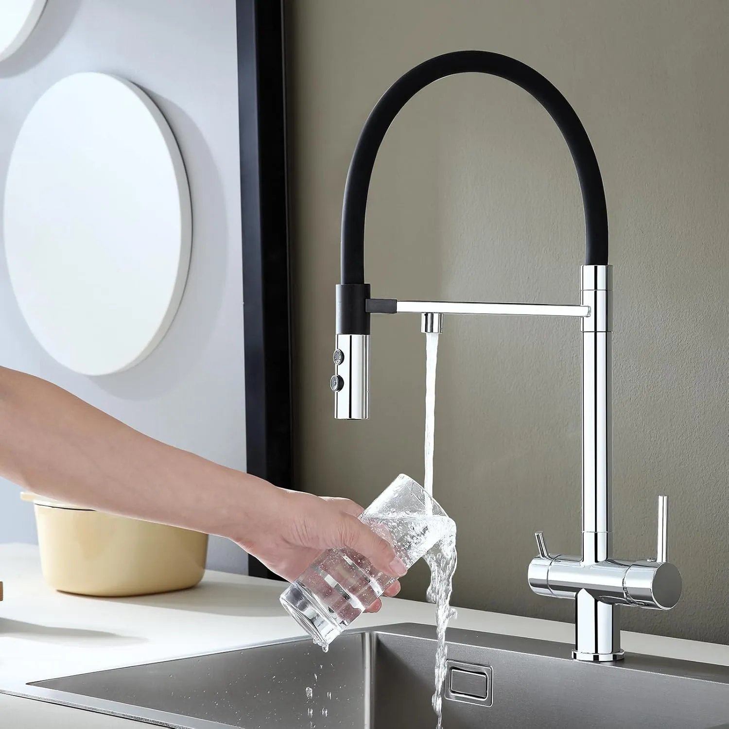 3-in-1 Kitchen Faucet with Drinking Water Filter Faucet, 3 Way Pull Down Kitchen Purifier Faucet with Sprayer Magnetic Docking for Water Filtration System, Chrome