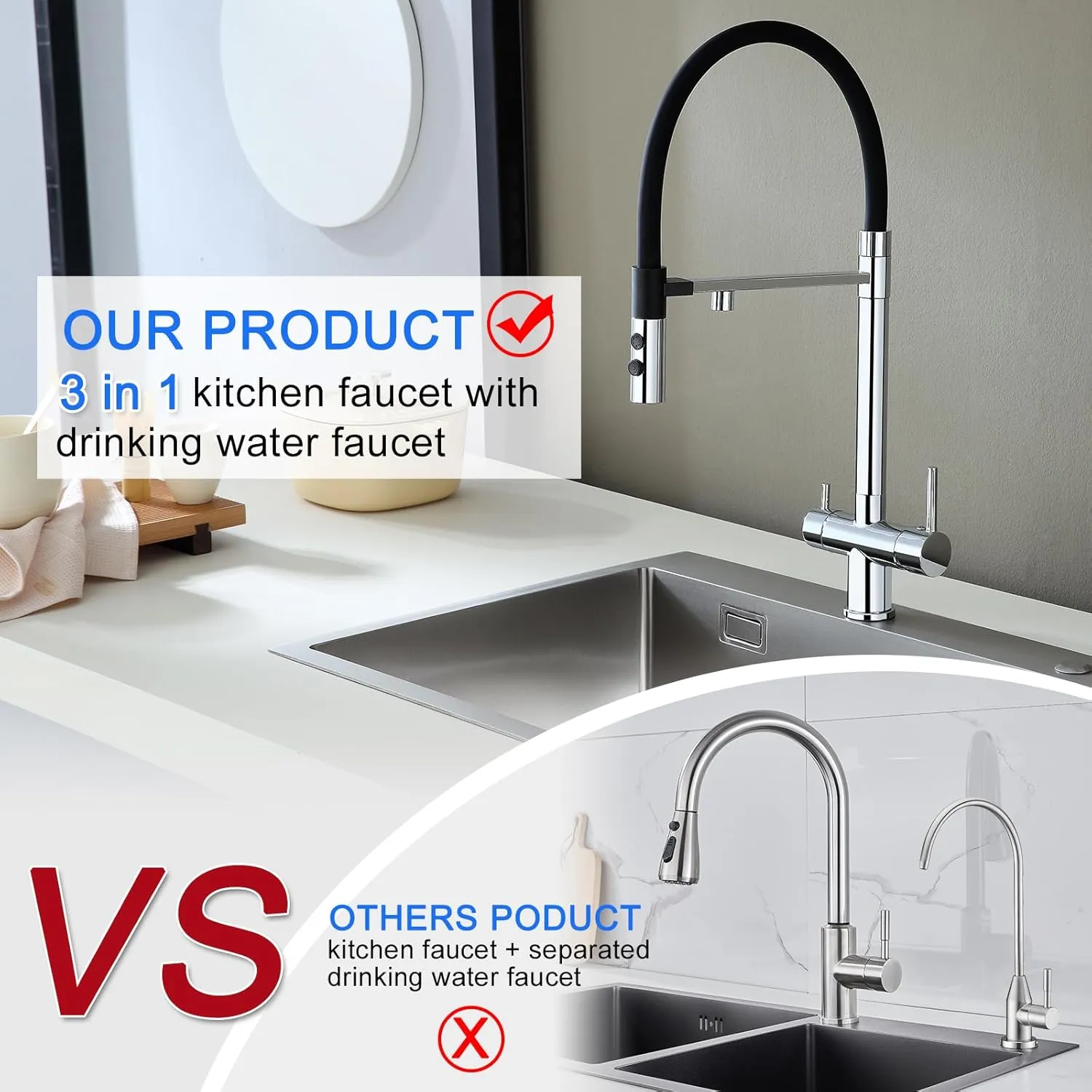 3-in-1 Kitchen Faucet with Drinking Water Filter Faucet, 3 Way Pull Down Kitchen Purifier Faucet with Sprayer Magnetic Docking for Water Filtration System, Chrome