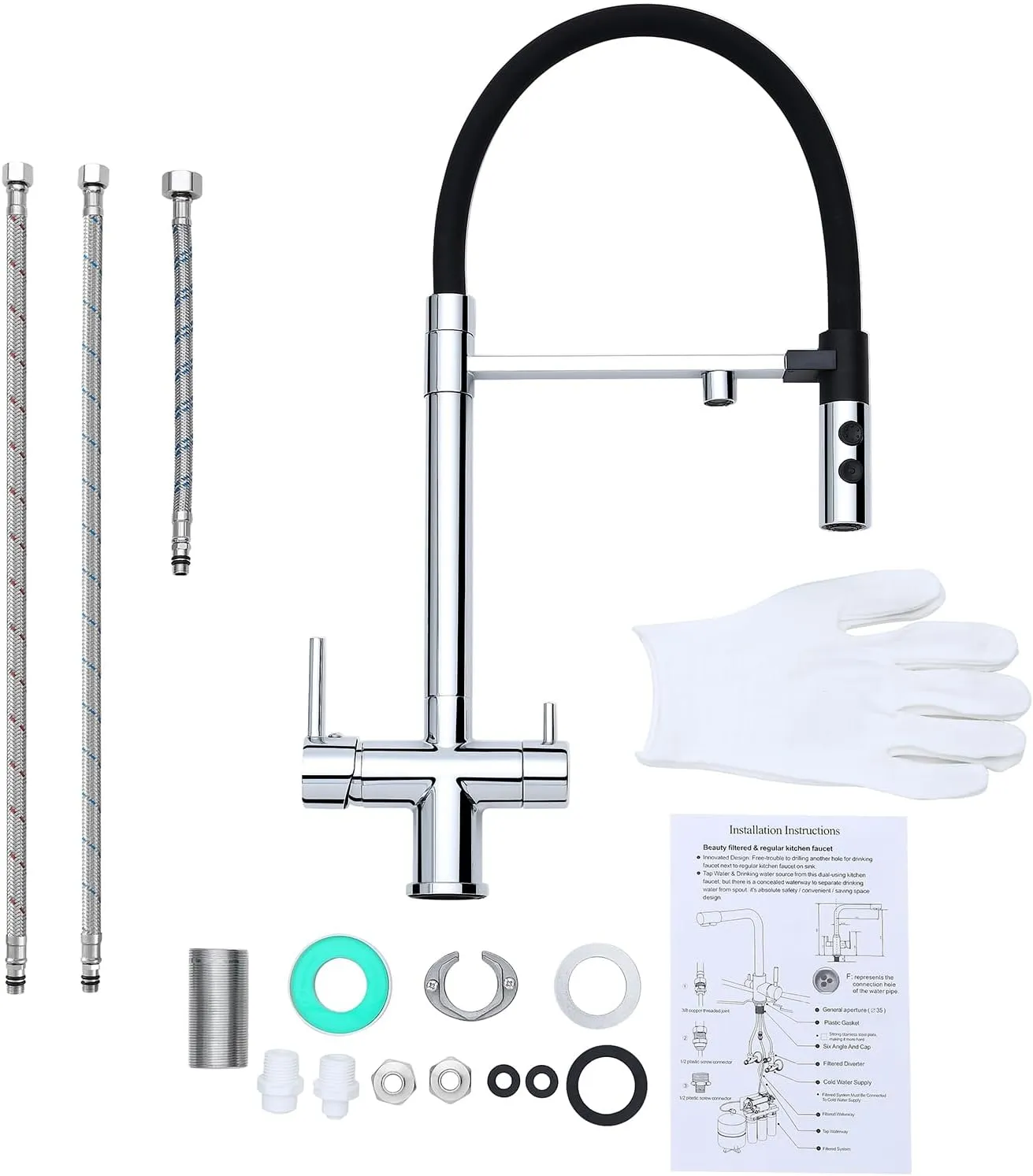 3-in-1 Kitchen Faucet with Drinking Water Filter Faucet, 3 Way Pull Down Kitchen Purifier Faucet with Sprayer Magnetic Docking for Water Filtration System, Chrome