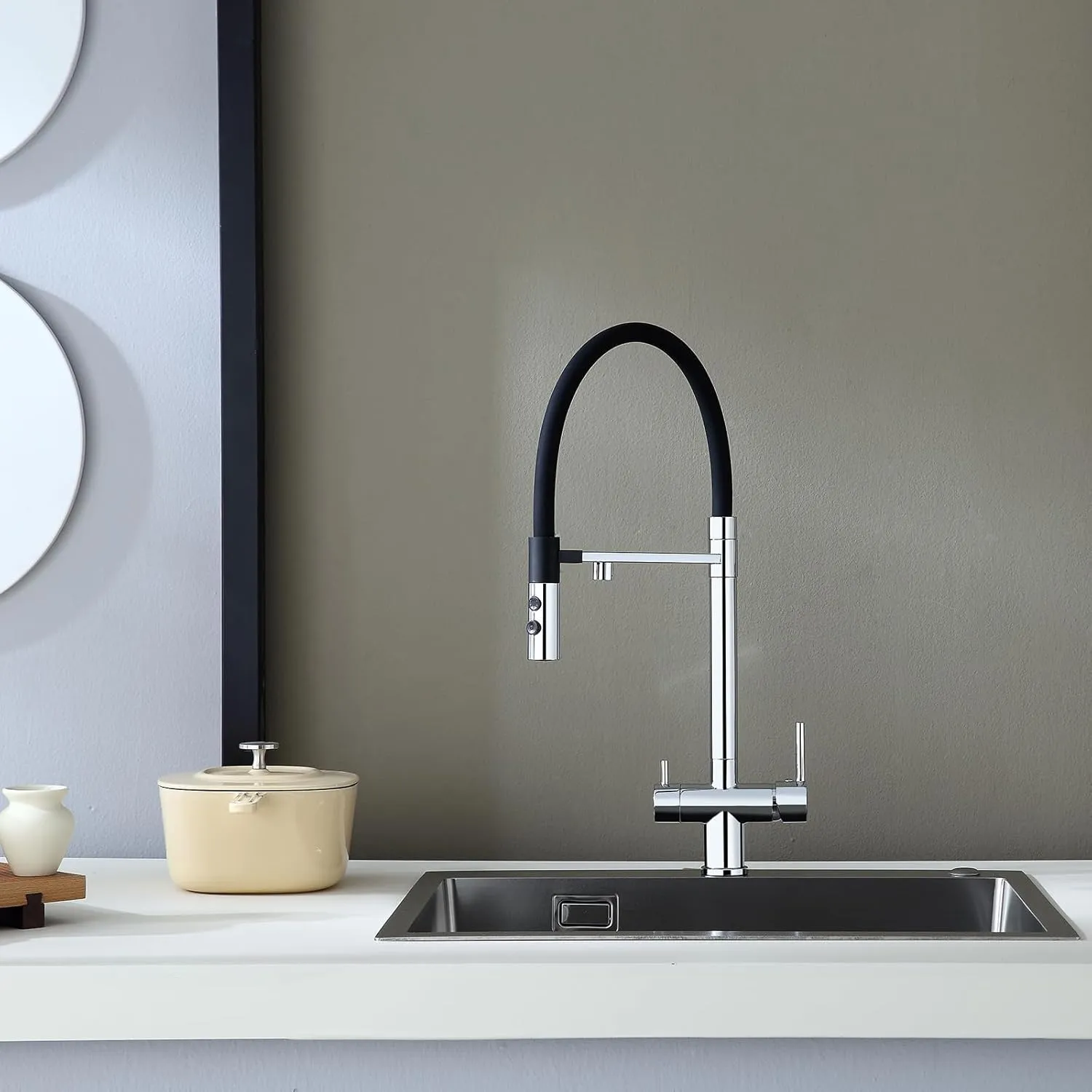 3-in-1 Kitchen Faucet with Drinking Water Filter Faucet, 3 Way Pull Down Kitchen Purifier Faucet with Sprayer Magnetic Docking for Water Filtration System, Chrome