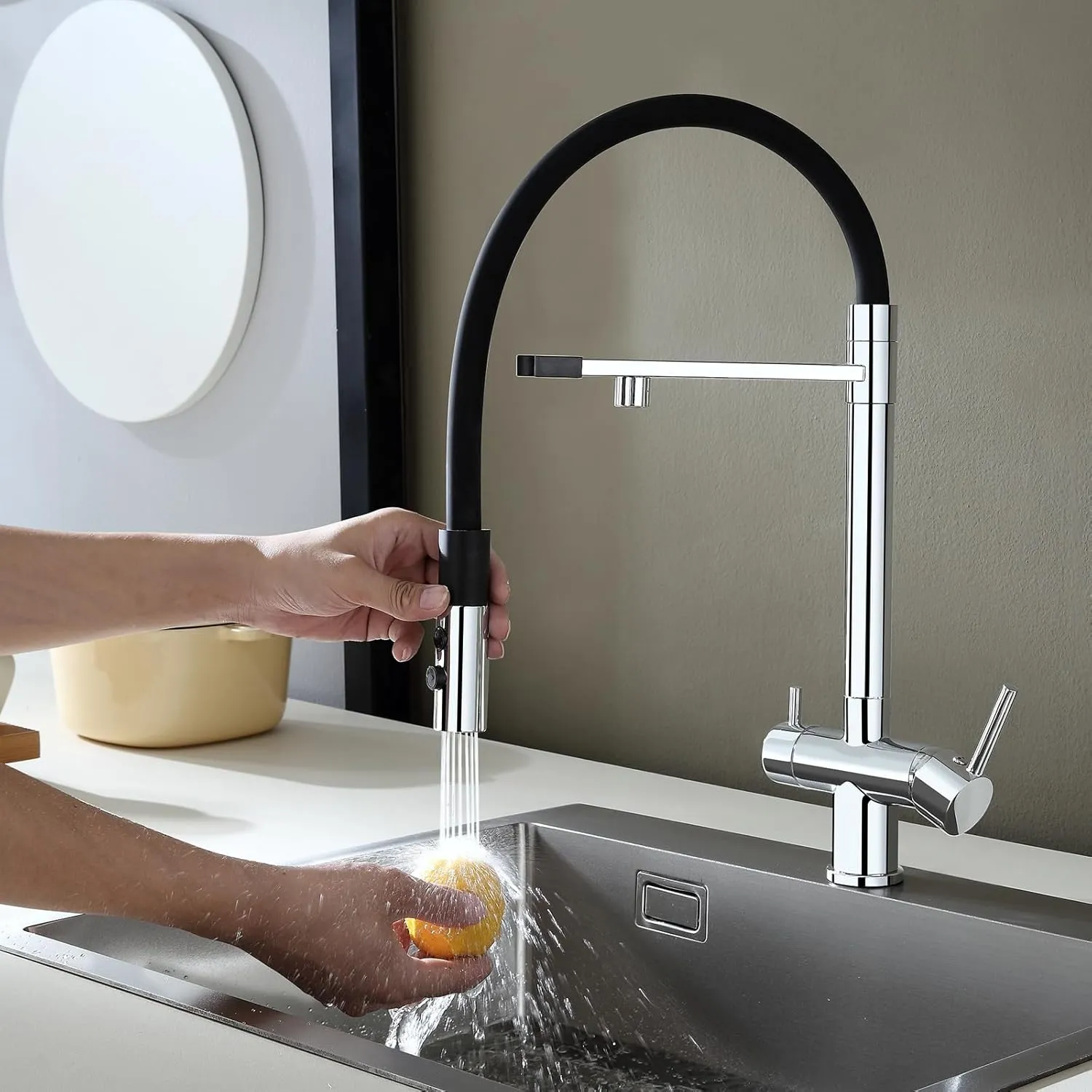3-in-1 Kitchen Faucet with Drinking Water Filter Faucet, 3 Way Pull Down Kitchen Purifier Faucet with Sprayer Magnetic Docking for Water Filtration System, Chrome