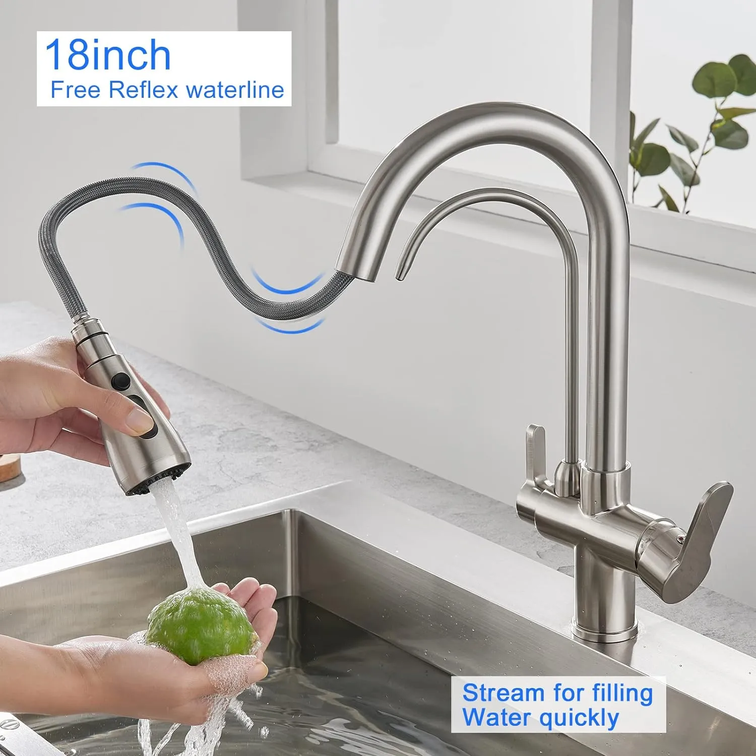 3 Way Kitchen Sink Faucet with Drinking Water Faucet, 2 Handle 3 in 1 Pull Down Kitchen Faucet with Water Filter Purifier Faucets (Brushed Nickel)