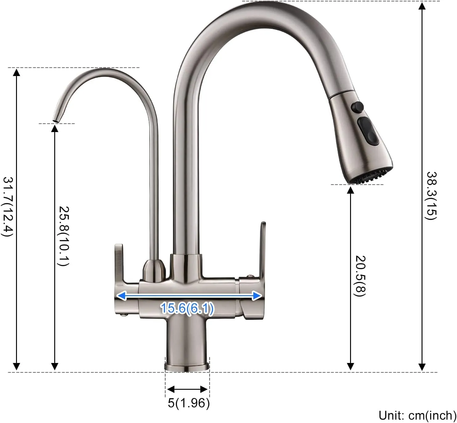 3 Way Kitchen Sink Faucet with Drinking Water Faucet, 2 Handle 3 in 1 Pull Down Kitchen Faucet with Water Filter Purifier Faucets (Brushed Nickel)
