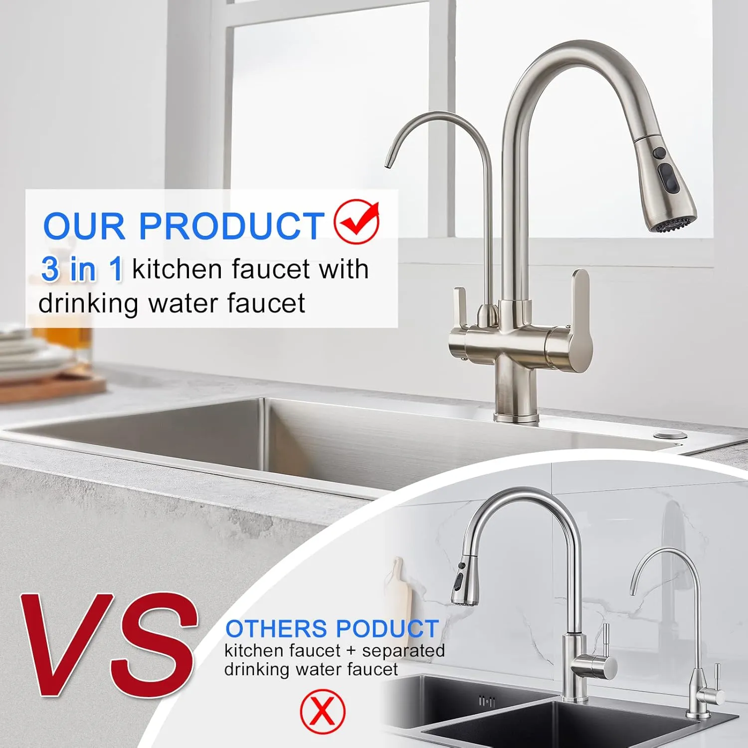 3 Way Kitchen Sink Faucet with Drinking Water Faucet, 2 Handle 3 in 1 Pull Down Kitchen Faucet with Water Filter Purifier Faucets (Brushed Nickel)