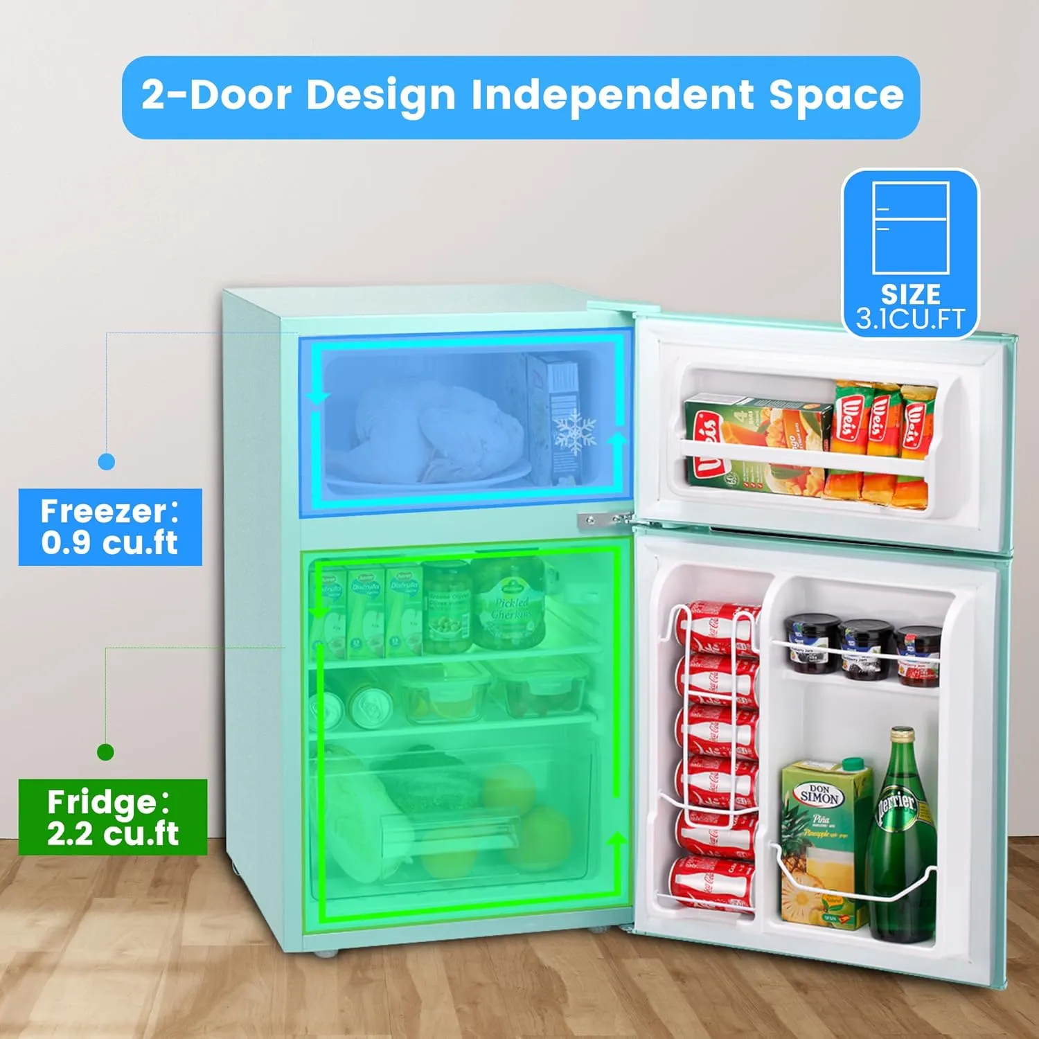 3.2 Cu.Ft Small Fridge with Freezer,Compact Refrigerator with 2 Doors,Mini Fridge with Adjustable Removable Glass Shelves for Bedroom,Dorm or Apartment,Green