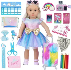 32 pcs American Doll Clothes and Accessories - 18 Inch Doll Luggage and School Play Set - Suitcase, School Sets, Camera, Handbag, Sunglasses