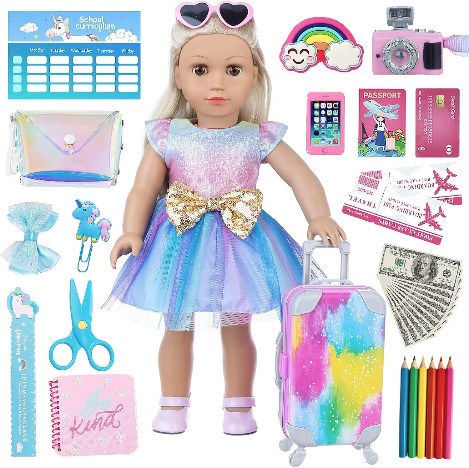 32 pcs American Doll Clothes and Accessories - 18 Inch Doll Luggage and School Play Set - Suitcase, School Sets, Camera, Handbag, Sunglasses