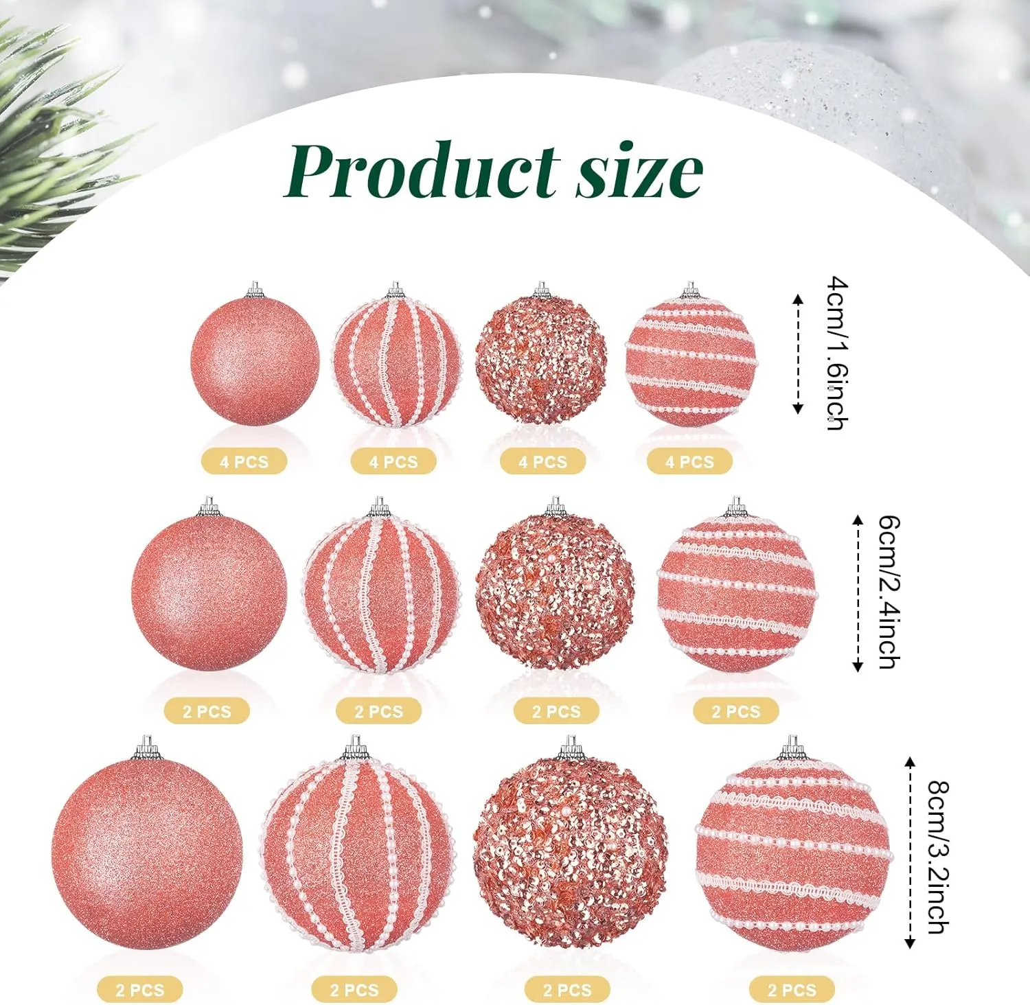 32 Pcs Christmas Hanging Balls - 3 Size Glitter Pearl & Sequin Xmas Tree Ornaments Pearl Balls for Xmas Trees Wreath Garland(Rose Gold)