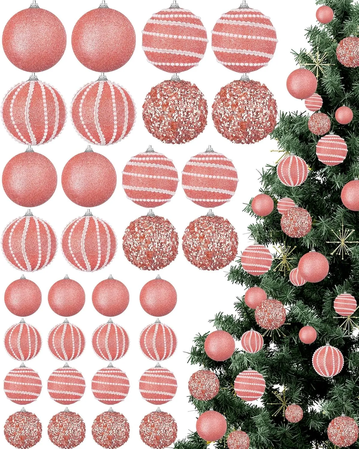 32 Pcs Christmas Hanging Balls - 3 Size Glitter Pearl & Sequin Xmas Tree Ornaments Pearl Balls for Xmas Trees Wreath Garland(Rose Gold)