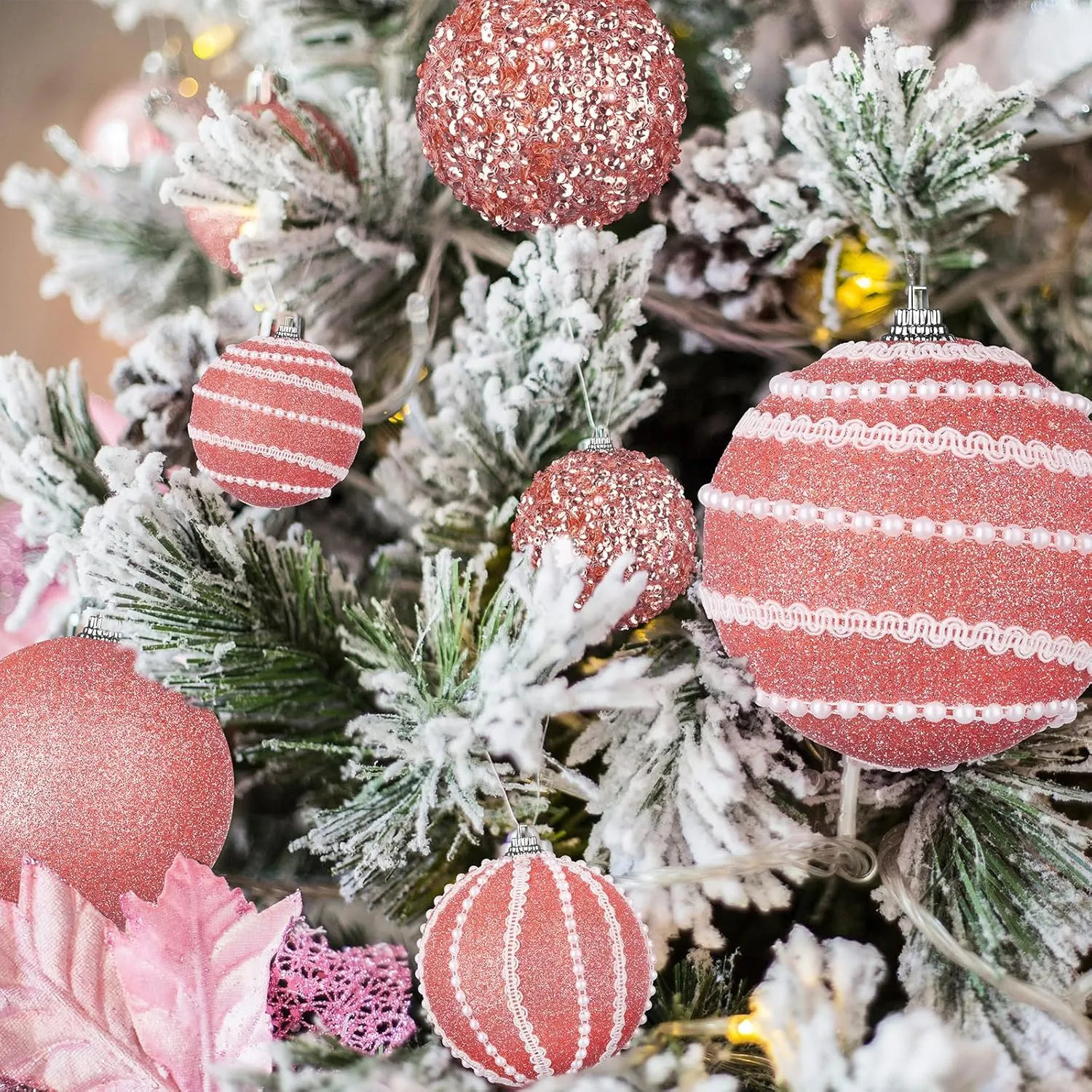 32 Pcs Christmas Hanging Balls - 3 Size Glitter Pearl & Sequin Xmas Tree Ornaments Pearl Balls for Xmas Trees Wreath Garland(Rose Gold)