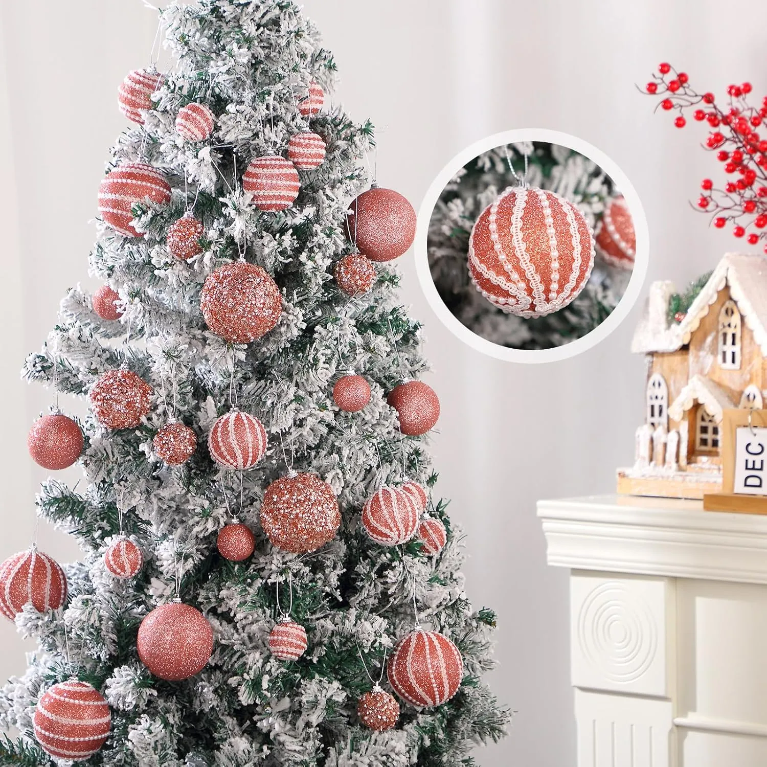 32 Pcs Christmas Hanging Balls - 3 Size Glitter Pearl & Sequin Xmas Tree Ornaments Pearl Balls for Xmas Trees Wreath Garland(Rose Gold)