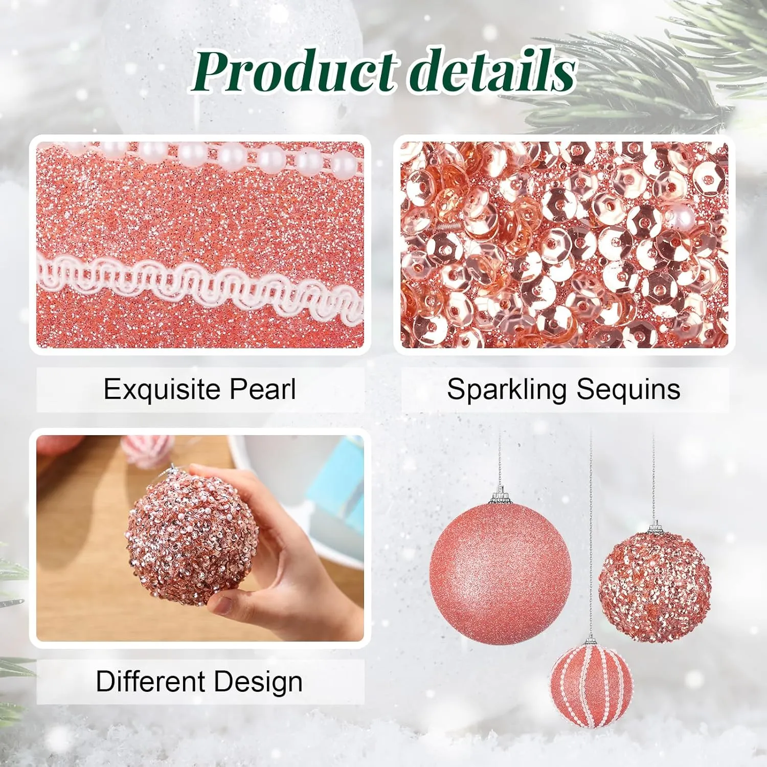 32 Pcs Christmas Hanging Balls - 3 Size Glitter Pearl & Sequin Xmas Tree Ornaments Pearl Balls for Xmas Trees Wreath Garland(Rose Gold)