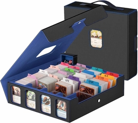 3200  Trading Card Storage Box with Commander Display, 4-Row TCG Card Box with Portable Handle, Compatible for YuGiOh/MTG/Magic Cards, 30 Colorful Divider, 8 Supporters, 1 Dice Tray (Black & Blue)