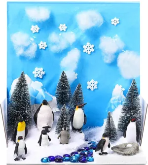 36 Pcs Penguins Animal Diorama Project Set, Diorama Kit Includes Penguins Figures, Model Trees, Artificial Tree Stump Fake Rocks Sand Stone Moss with Transparent Box for Gifts Project