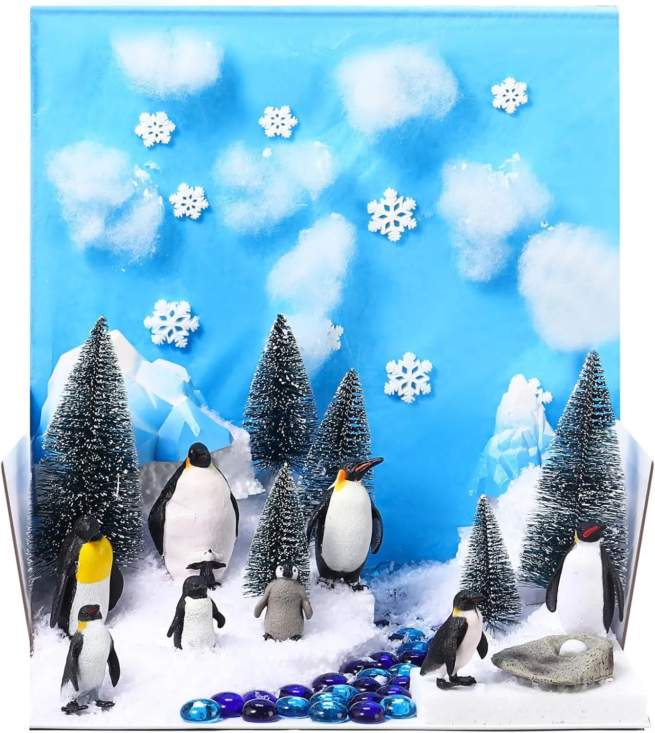 36 Pcs Penguins Animal Diorama Project Set, Diorama Kit Includes Penguins Figures, Model Trees, Artificial Tree Stump Fake Rocks Sand Stone Moss with Transparent Box for Gifts Project