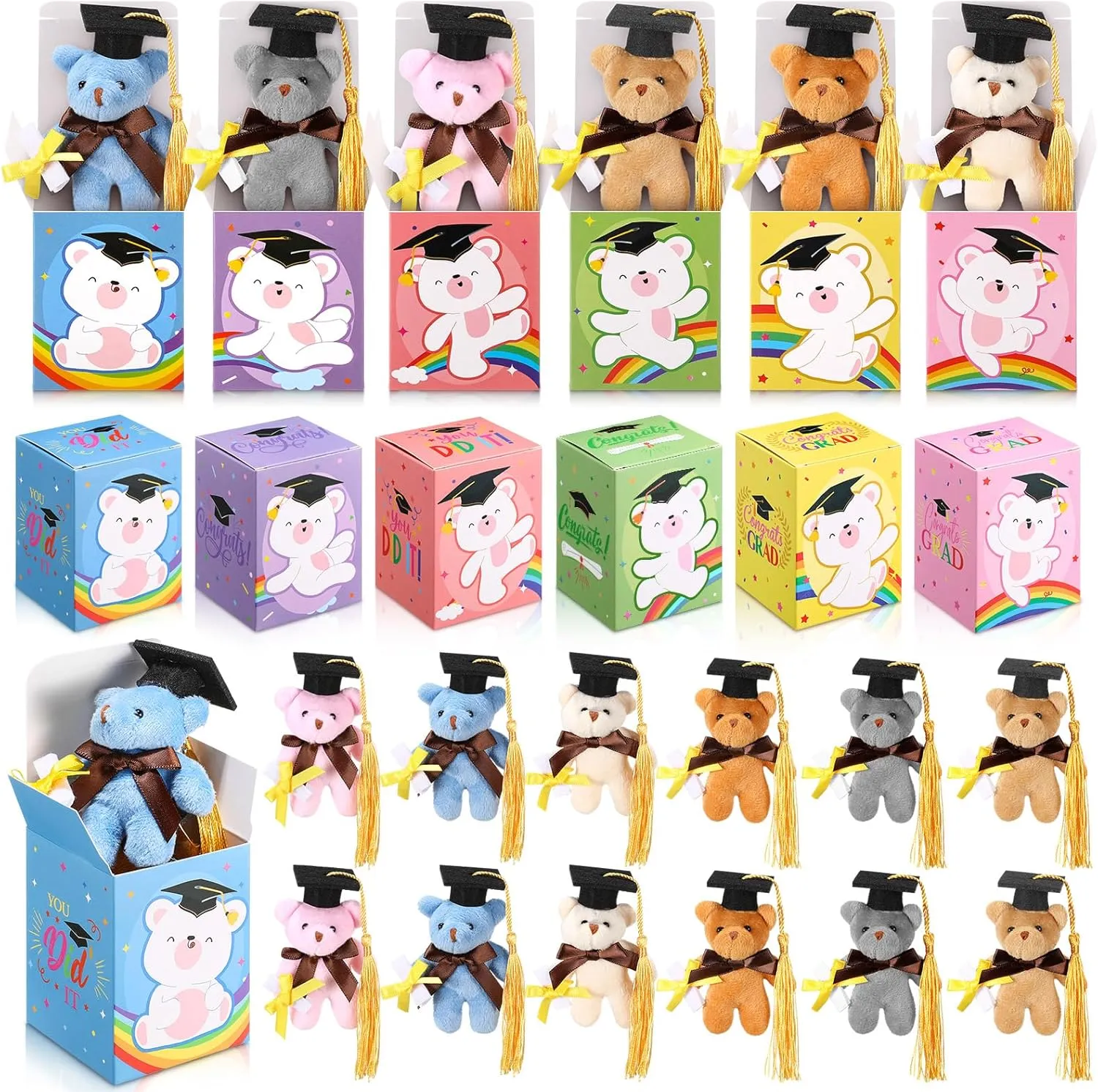 36 Set Mini Graduation Plush Bear with Graduation Gifts Box Graduation Stuffed Animal Keychain with Cap Gift Set for 2025 Graduation Party Graduation Decoration Supplies Classroom Exchange Gift