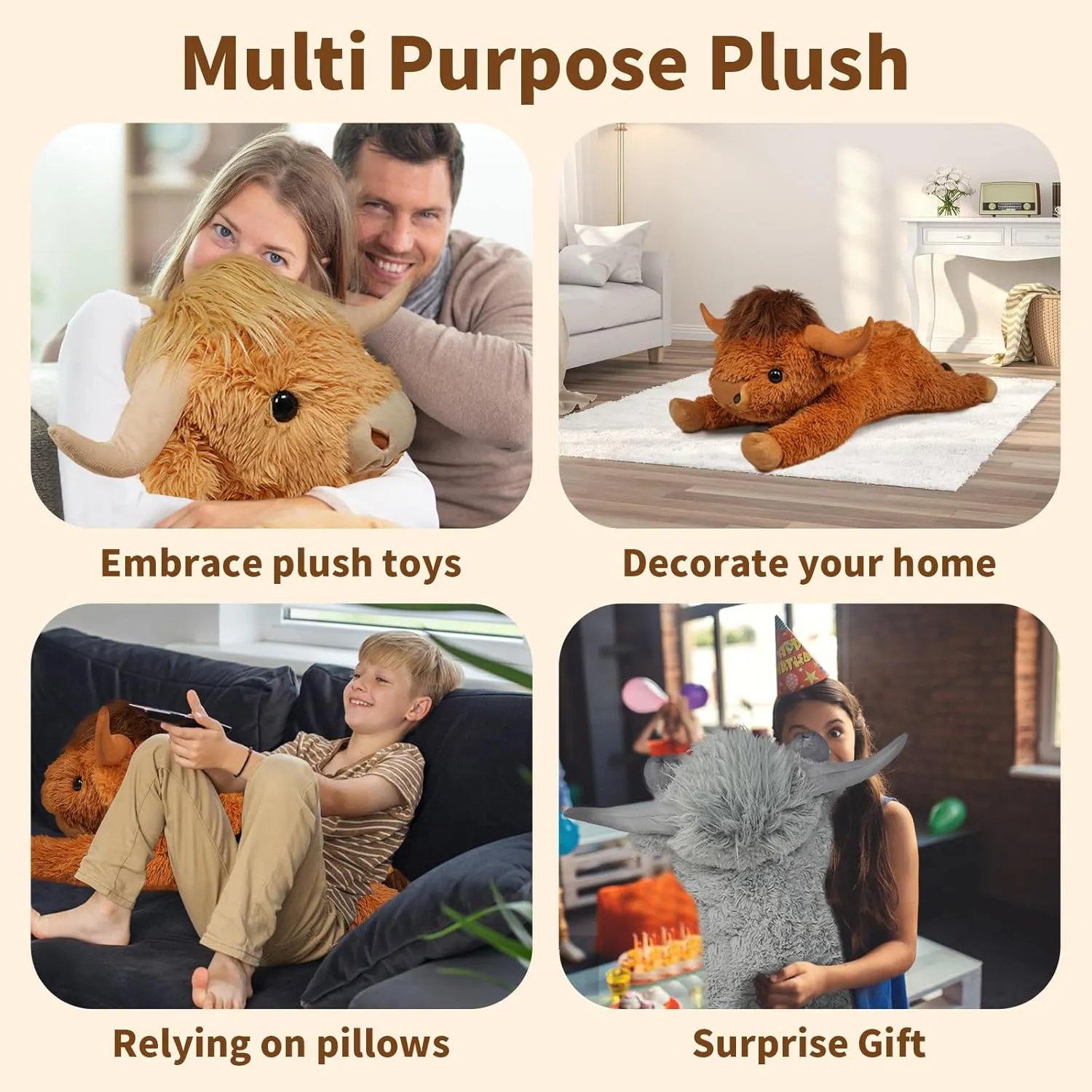 38.5 Inch Brown Giant Highland Cow Plush Stuffed Animal - Large Cow Pillow Gift for Kids and Adults, Couch & Bed Decor