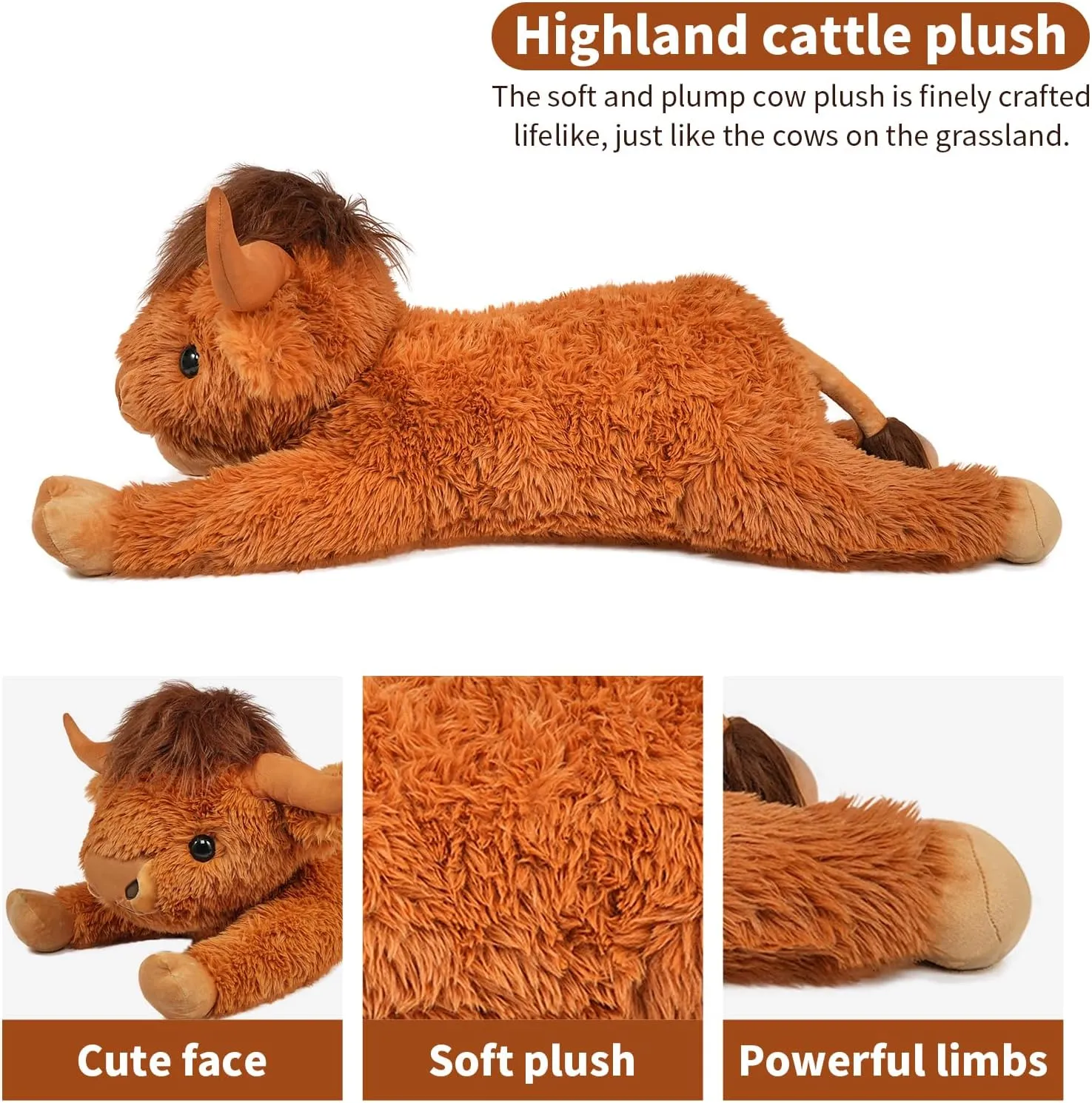 38.5 Inch Brown Giant Highland Cow Plush Stuffed Animal - Large Cow Pillow Gift for Kids and Adults, Couch & Bed Decor