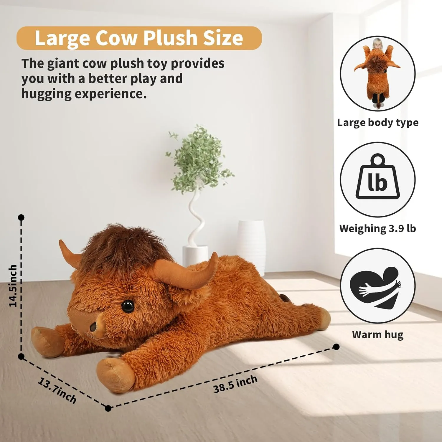 38.5 Inch Brown Giant Highland Cow Plush Stuffed Animal - Large Cow Pillow Gift for Kids and Adults, Couch & Bed Decor
