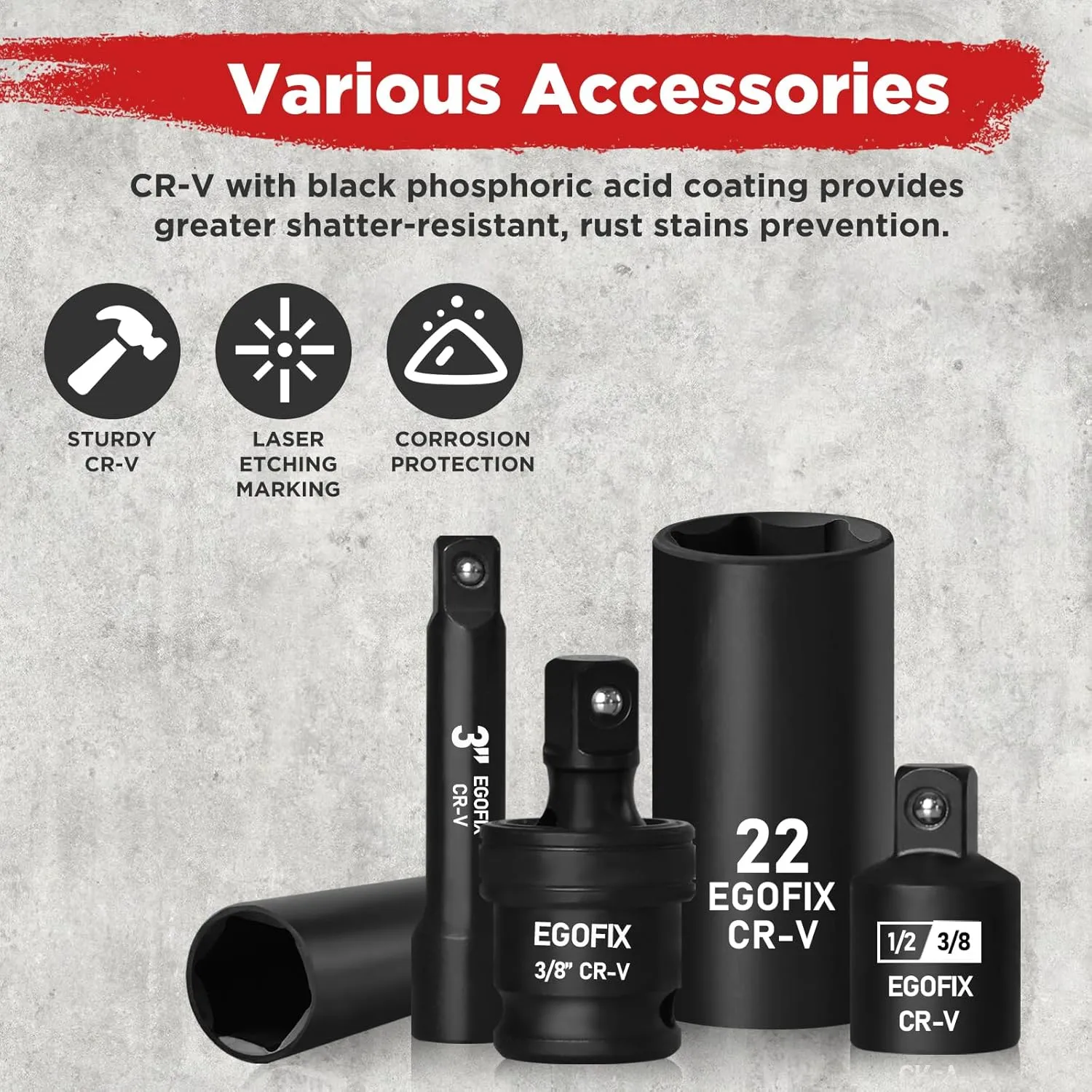 3/8" Drive Impact Socket Set, 50 Piece Standard SAE (5/16 to 3/4 inch) and Metric (8-22mm) 6 Point, with Adjustable Ratchet Handle, Extension Bars, Impact Universal Joint, Adapter, Cr-V Steel