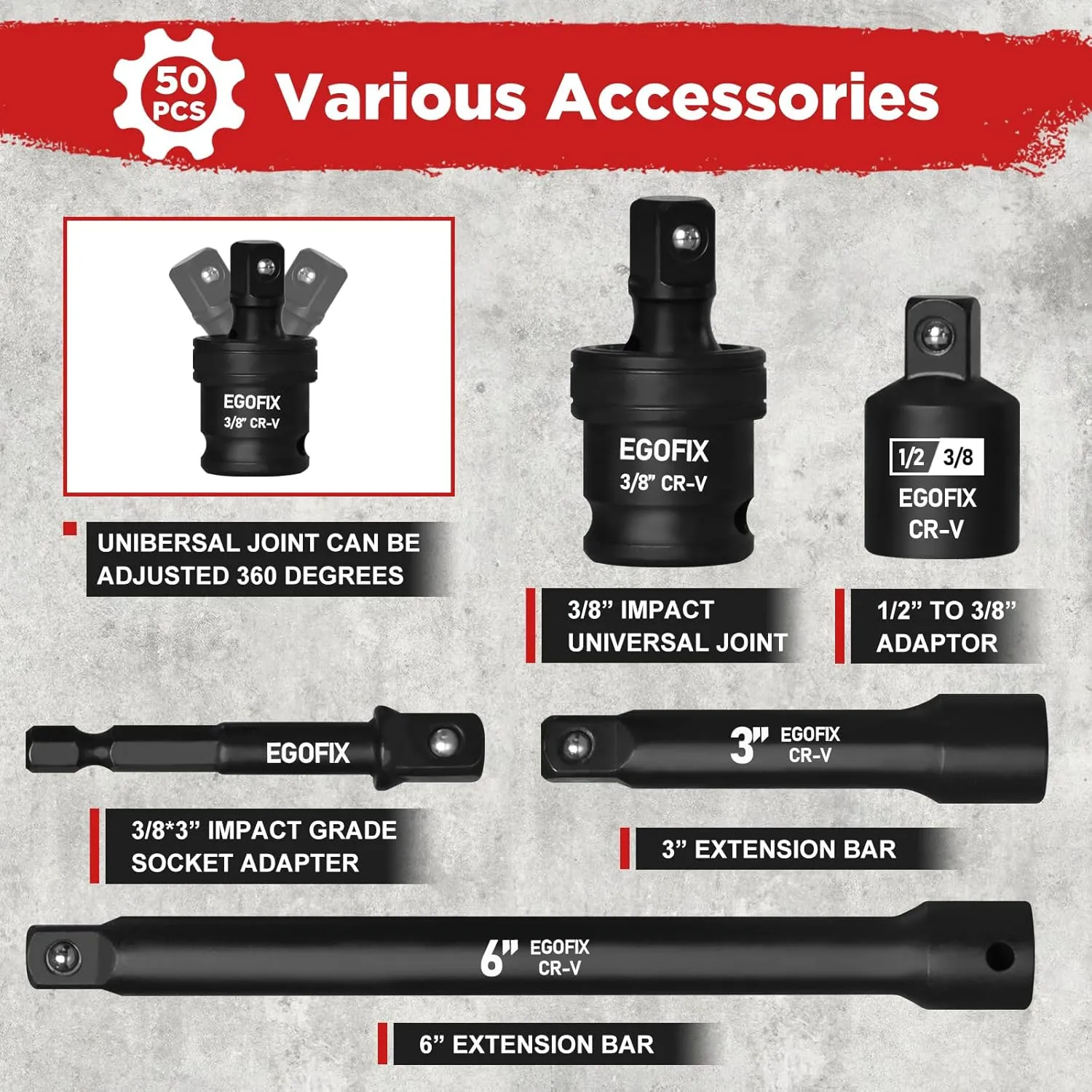 3/8" Drive Impact Socket Set, 50 Piece Standard SAE (5/16 to 3/4 inch) and Metric (8-22mm) 6 Point, with Adjustable Ratchet Handle, Extension Bars, Impact Universal Joint, Adapter, Cr-V Steel