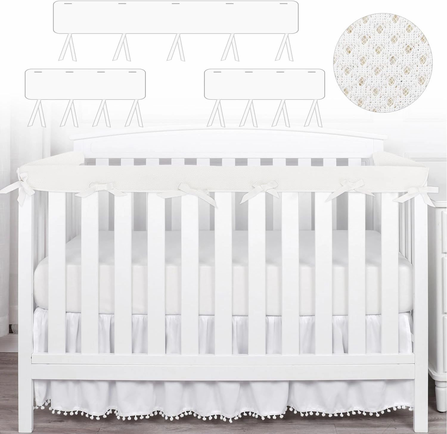 3 in 1 Crib Rail Covers for Teething,Soft Breathable Anti-Collision Crib Teething Rail Cover Edge Protector Strip（2025 New） (4pc-White)