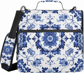 3 Ring Zipper Binder with Shoulder Strap Blue White Porcelain Pattern Binder Bag Expanding File Folder Storage Multiple Pockets