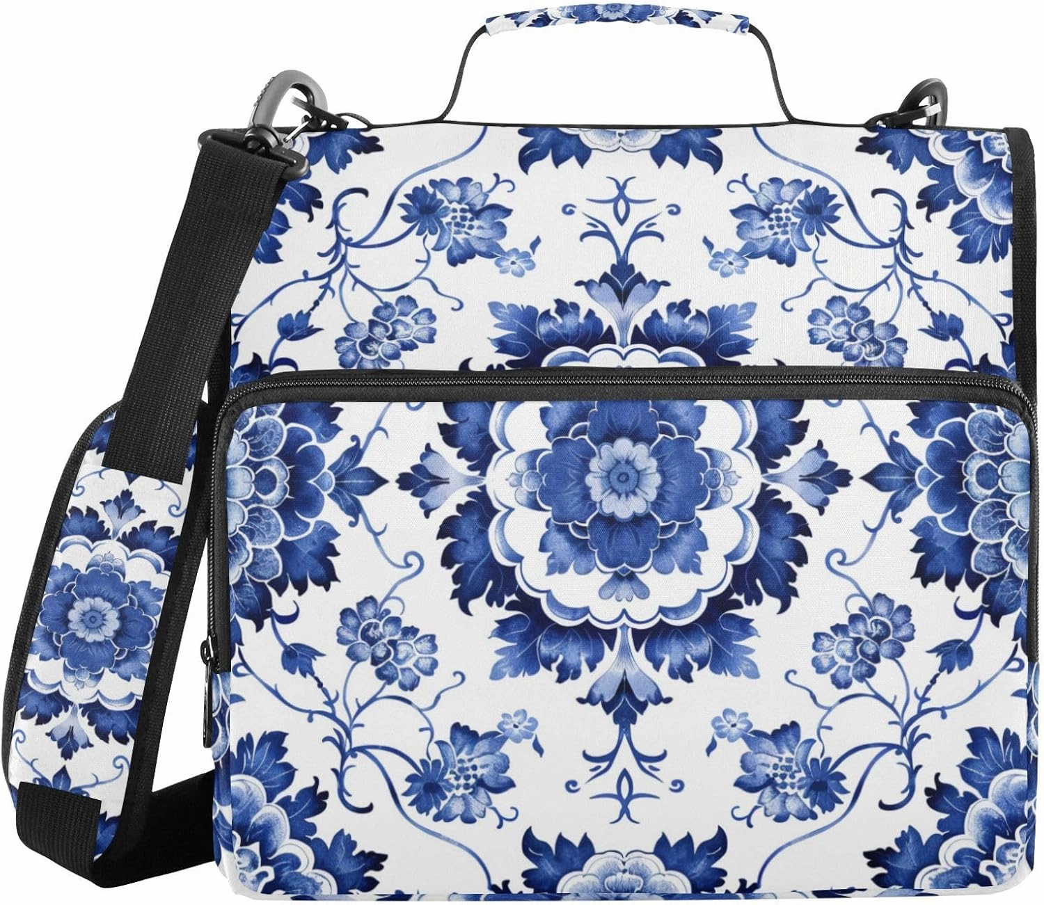 3 Ring Zipper Binder with Shoulder Strap Blue White Porcelain Pattern Binder Bag Expanding File Folder Storage Multiple Pockets