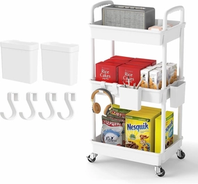 3 Tier Rolling Utility Cart with Handle,REBECAT Utility Cart Made of Multifunctional Storage Organizer Tool for Kitchen,Bathroom,Living Room,Office(White)