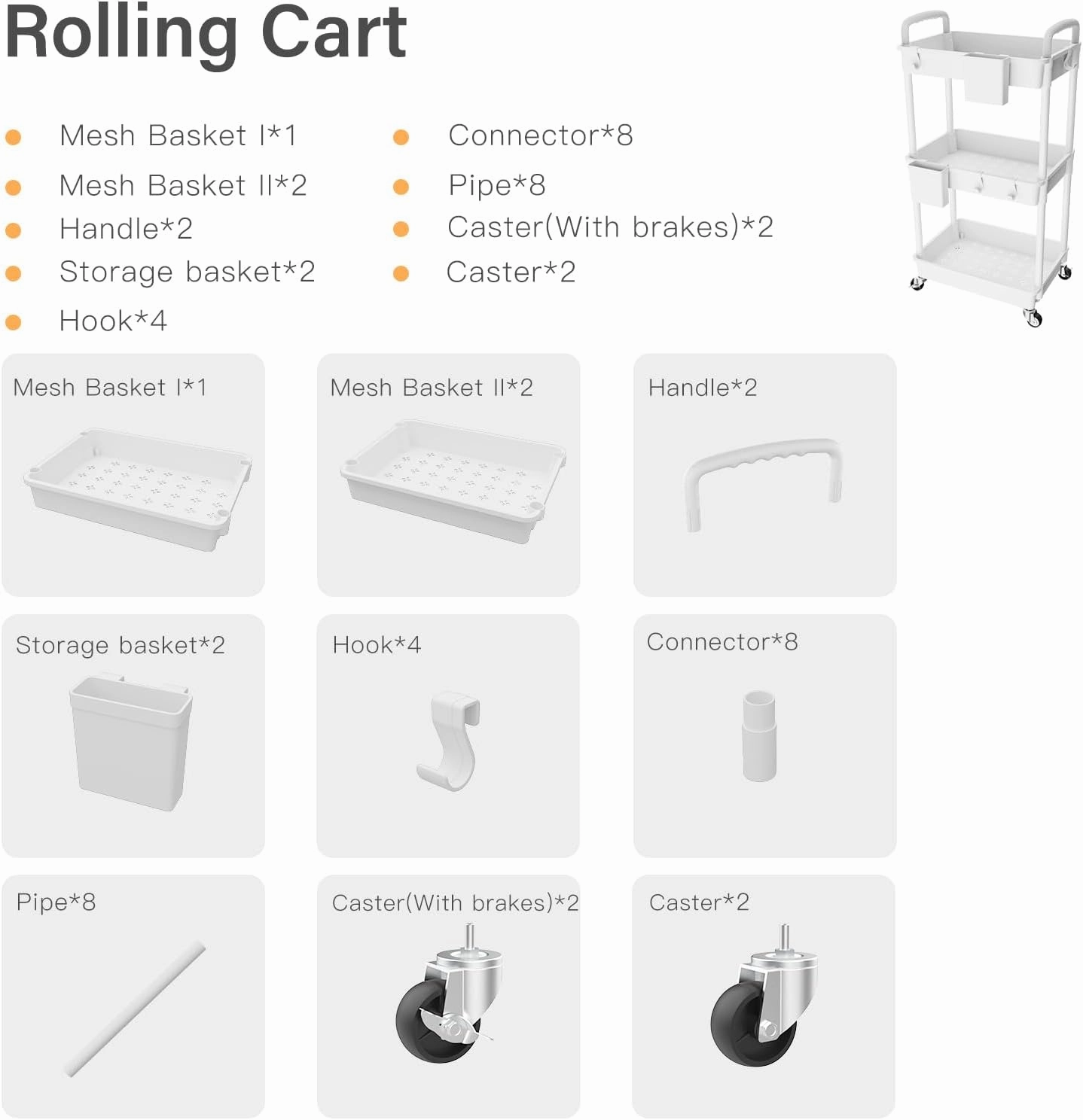3 Tier Rolling Utility Cart with Handle,REBECAT Utility Cart Made of Multifunctional Storage Organizer Tool for Kitchen,Bathroom,Living Room,Office(White)
