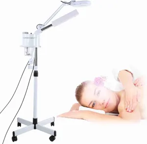 3in1 U v Facial Steamer Professional Cold Light LED Magnifier Floor Lamp with 5X Magnifying Lens Adjustable Height Wheels for Spa Salon Home Use