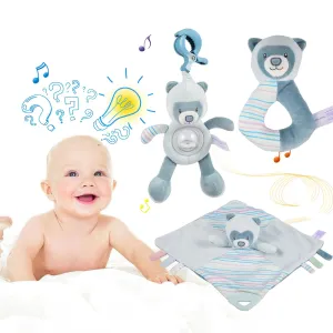 3PCS Baby Rattle Travel Toy for Stroller, Car Seat or Activity Gym Features Jingle Sound and Adjustable Attachment Loop, Baby Newborn Sensory Toys Includes teether (Blue)
