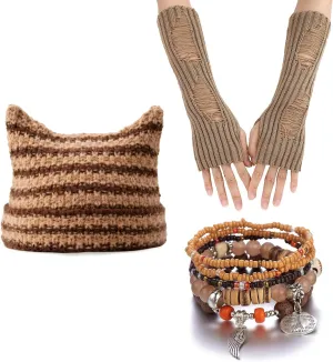 3PCS Therian Stuff,Y2K Therian Grunge Accessories for Women,Grunge Ripped Gloves,Fairycore Bracelets,Grunge Knitted Cat Beanie,Therian Gear Y2K Clothes Accessories Khaki