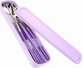 3Pcs Stainless Steel Portable Cutlery Set Camping Tableware with Chopsticks Spoon Fork Stylish Case for Adults Travel Dining Purple